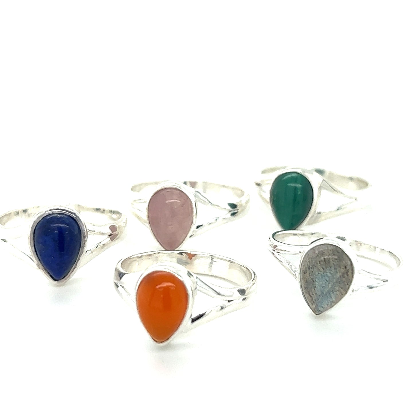 A modern set of Simple Teardrop Shape Gemstone rings with cabochon stones.