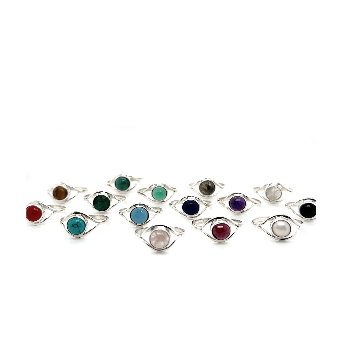A collection of Abstract Stone Eye Rings adorned with vibrant gemstones.