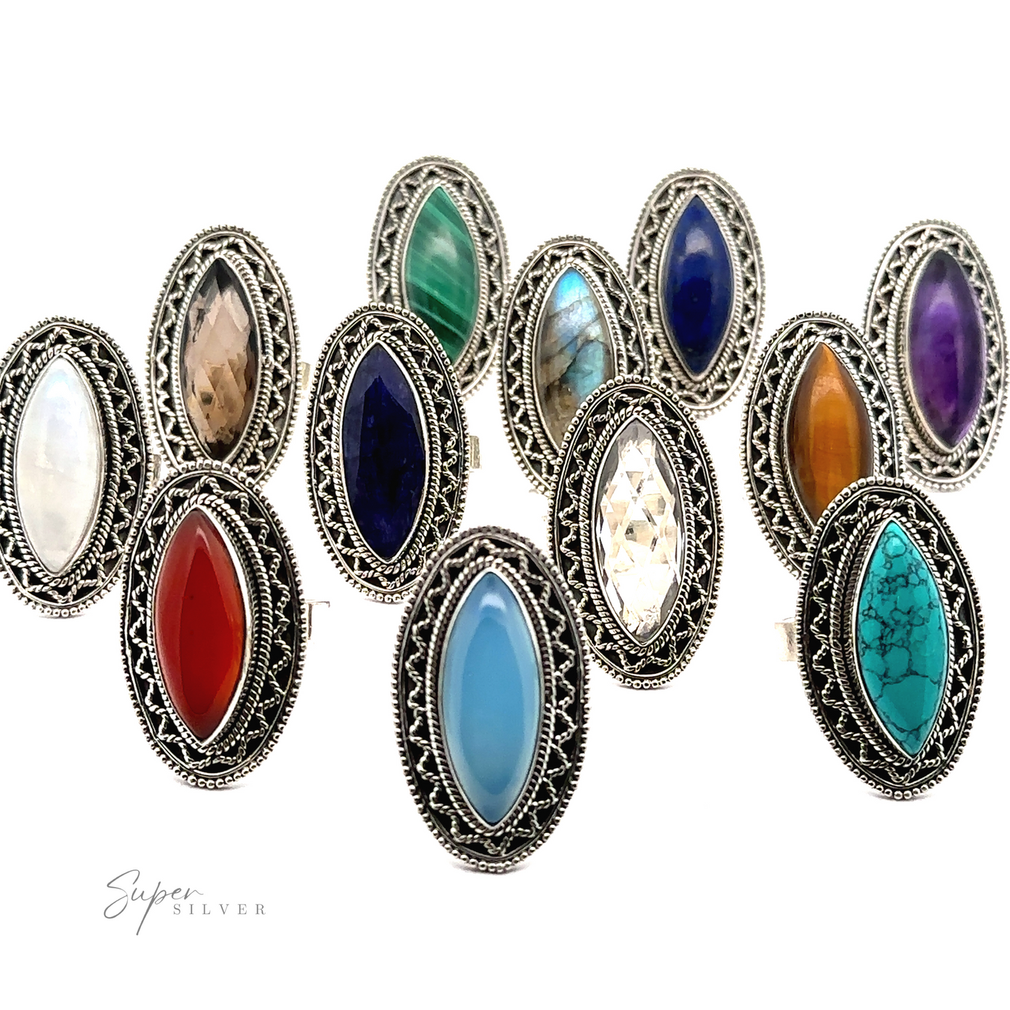 A collection of Marquise Shaped Gemstone Rings With Vintage Shield Border, each featuring an oval-shaped gemstone of varied colors and patterns with a Bohemian twist, is arranged in three rows against a white background.