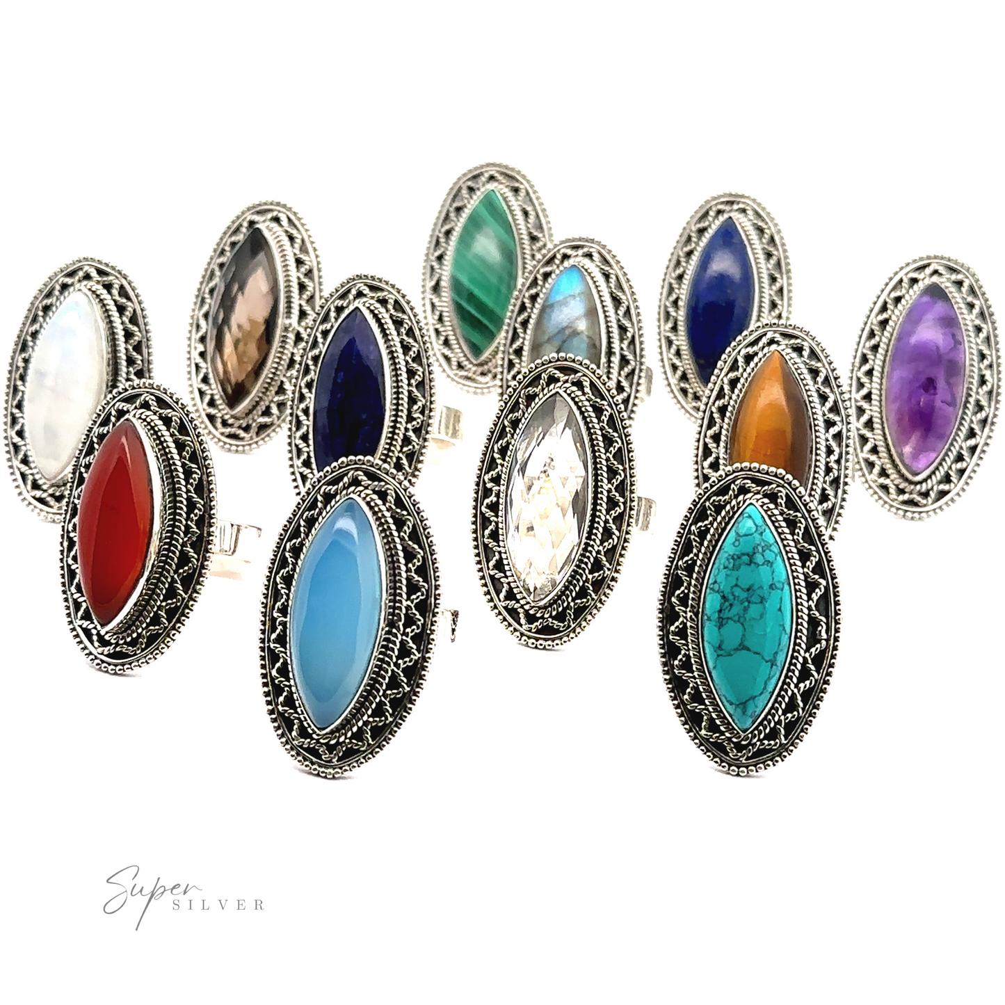 A collection of vintage-style rings with various colorful gemstones, including blue, red, green, and purple. Each piece features ornate sterling silver bands with intricate detailing and a Bohemian twist. The highlight is the Marquise Shaped Gemstone Ring With Vintage Shield Border that truly stands out.