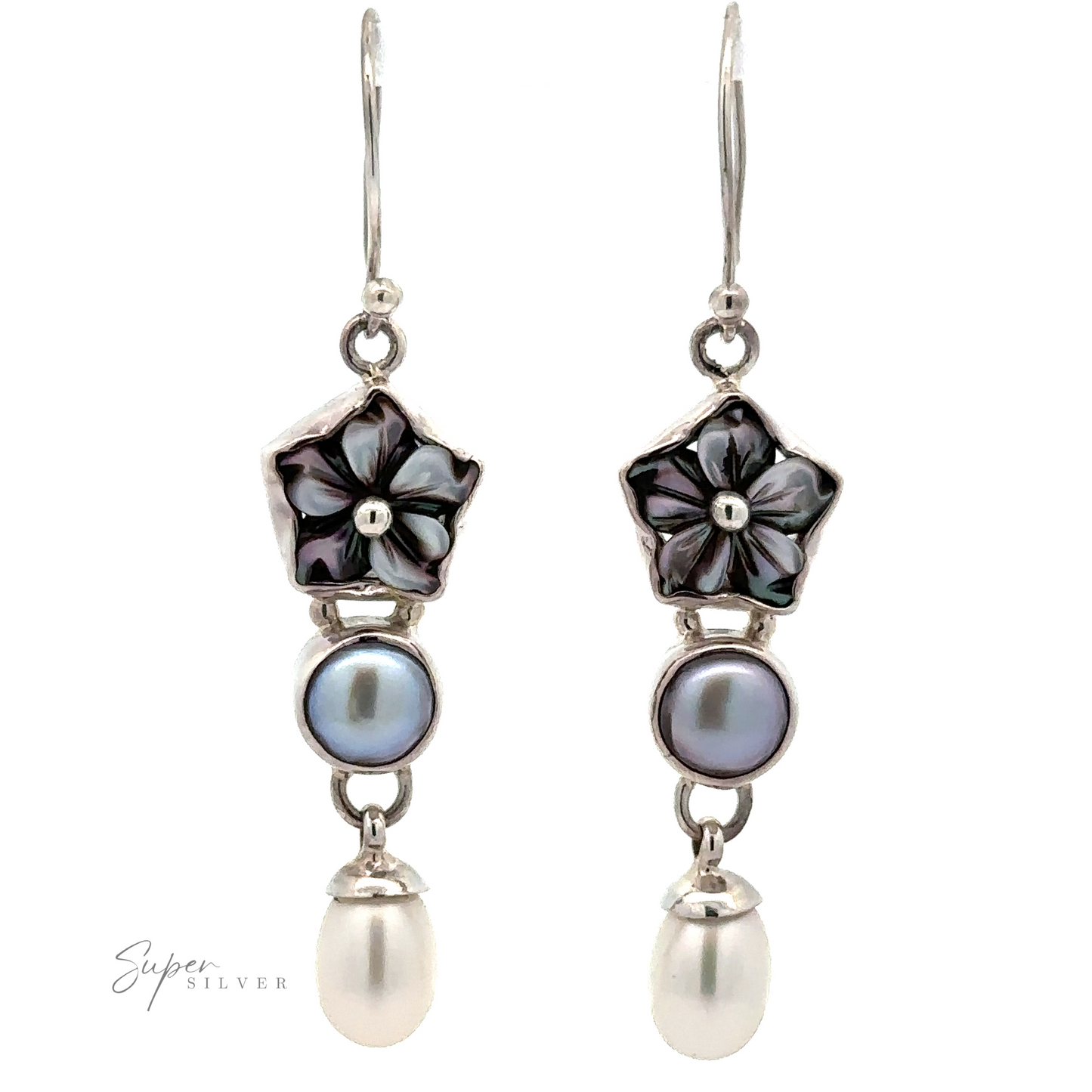 A pair of Floral Pearl Bead Earrings featuring black flower designs, round blue gems, and white teardrop-shaped pearls.