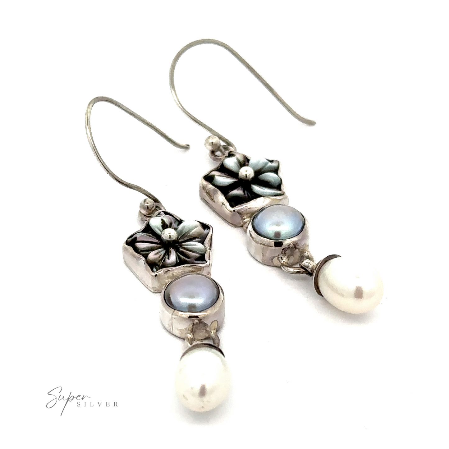 
                  
                    Pair of sterling silver drop earrings featuring floral designs, blue mother-of-pearl accents, and white pearls at the bottom. The image includes the brand name "Super Silver." These elegant Floral Pearl Bead Earrings add a touch of sophistication to any outfit.
                  
                