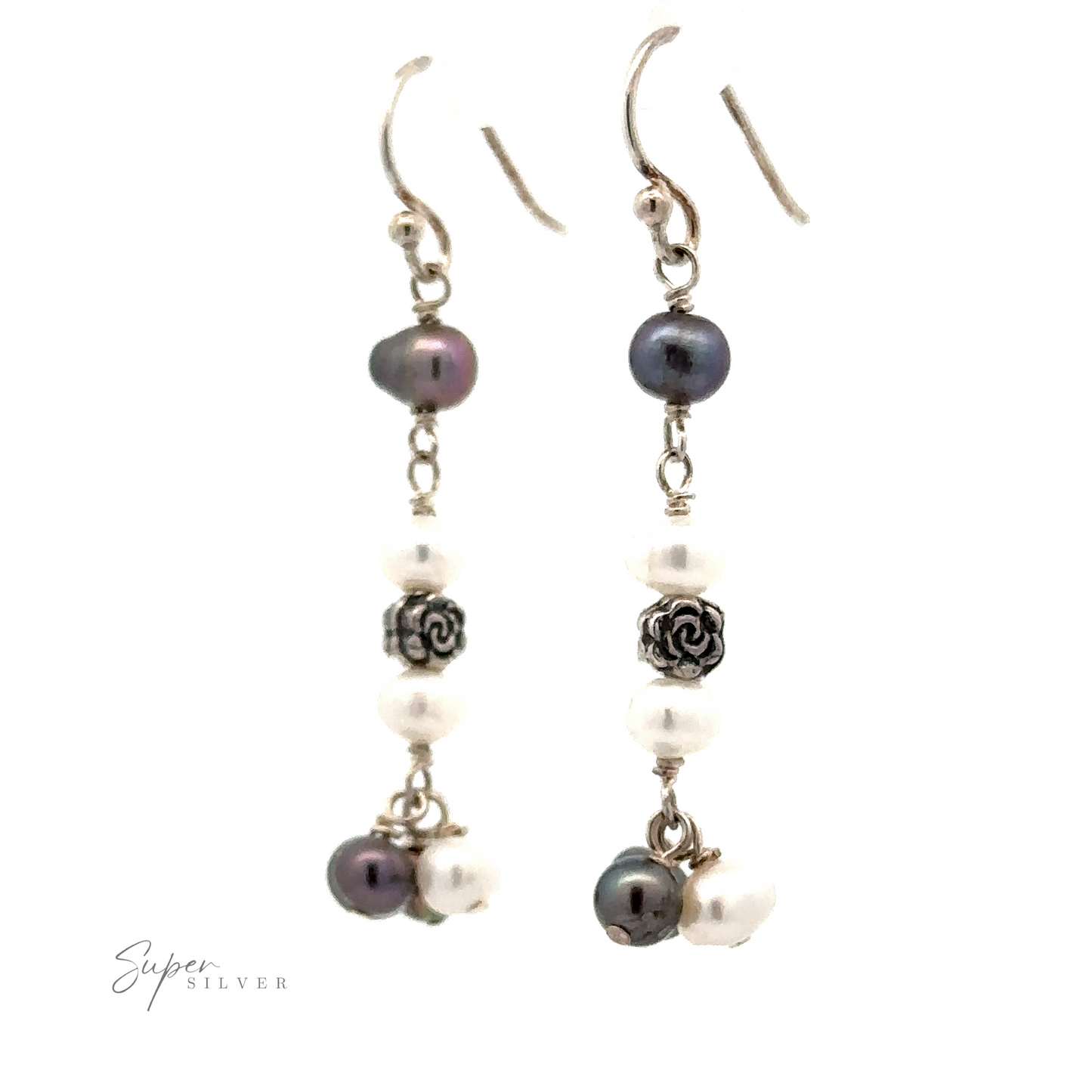 
                  
                    A pair of Floral Pearl Bead Earrings featuring alternating white and black pearls, interspersed with small silver decorative beads.
                  
                