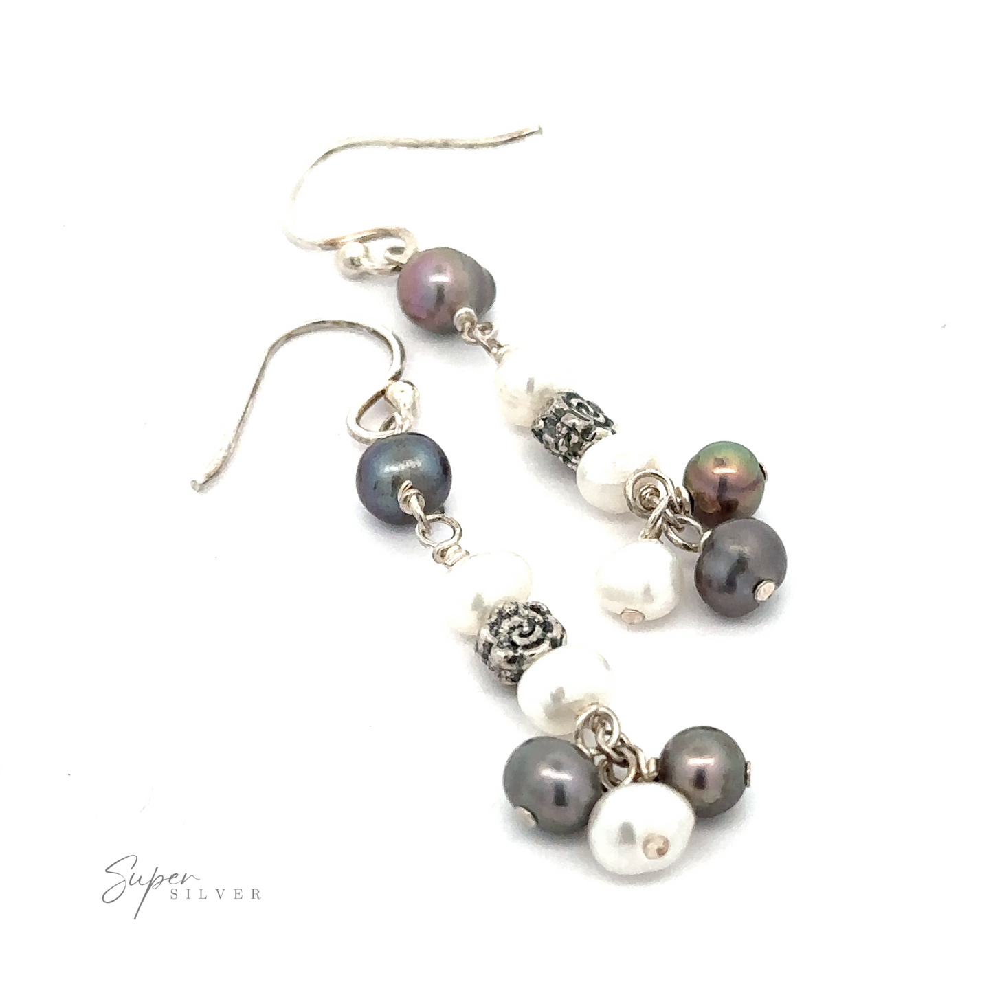 
                  
                    A pair of Floral Pearl Bead Earrings featuring a mix of white, black, and gray pearls, along with intricate silver bead accents.
                  
                