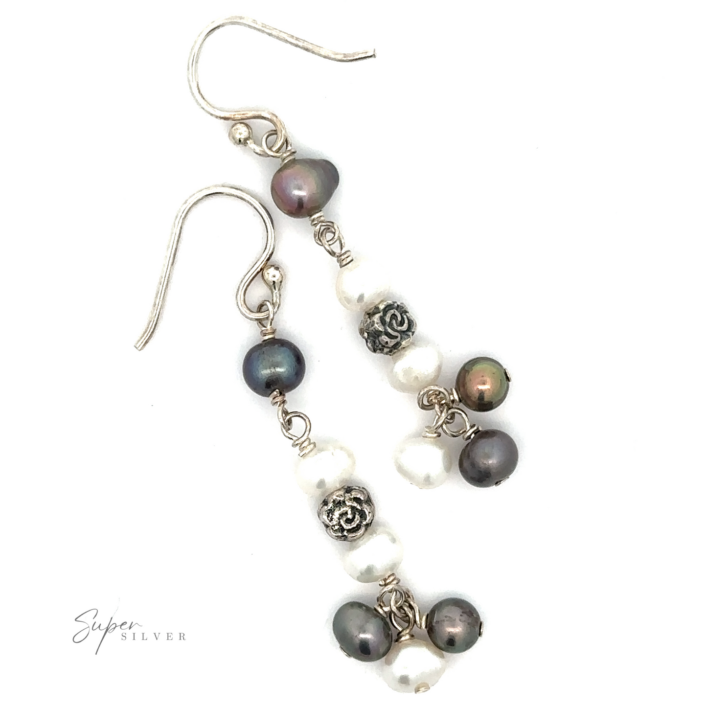 
                  
                    A pair of dangle earrings adorned with white and dark pearls, featuring sterling silver decorative beads and hook findings. The earrings are branded "Floral Pearl Bead Earrings".
                  
                