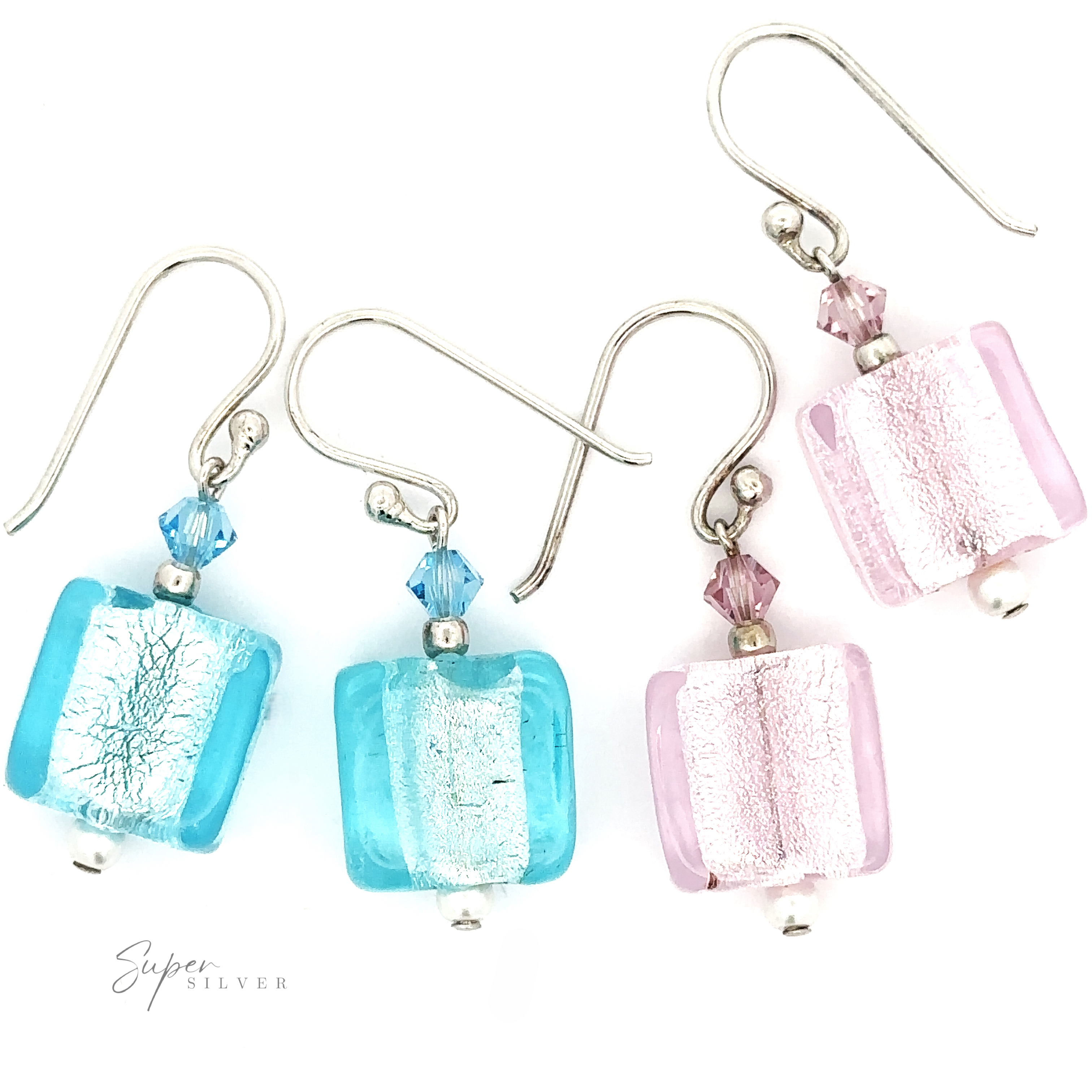 A set of Beaded Resin Earrings with Small Pearls, featuring glass beads in pink and blue with small crystal embellishments, placed against a white background.