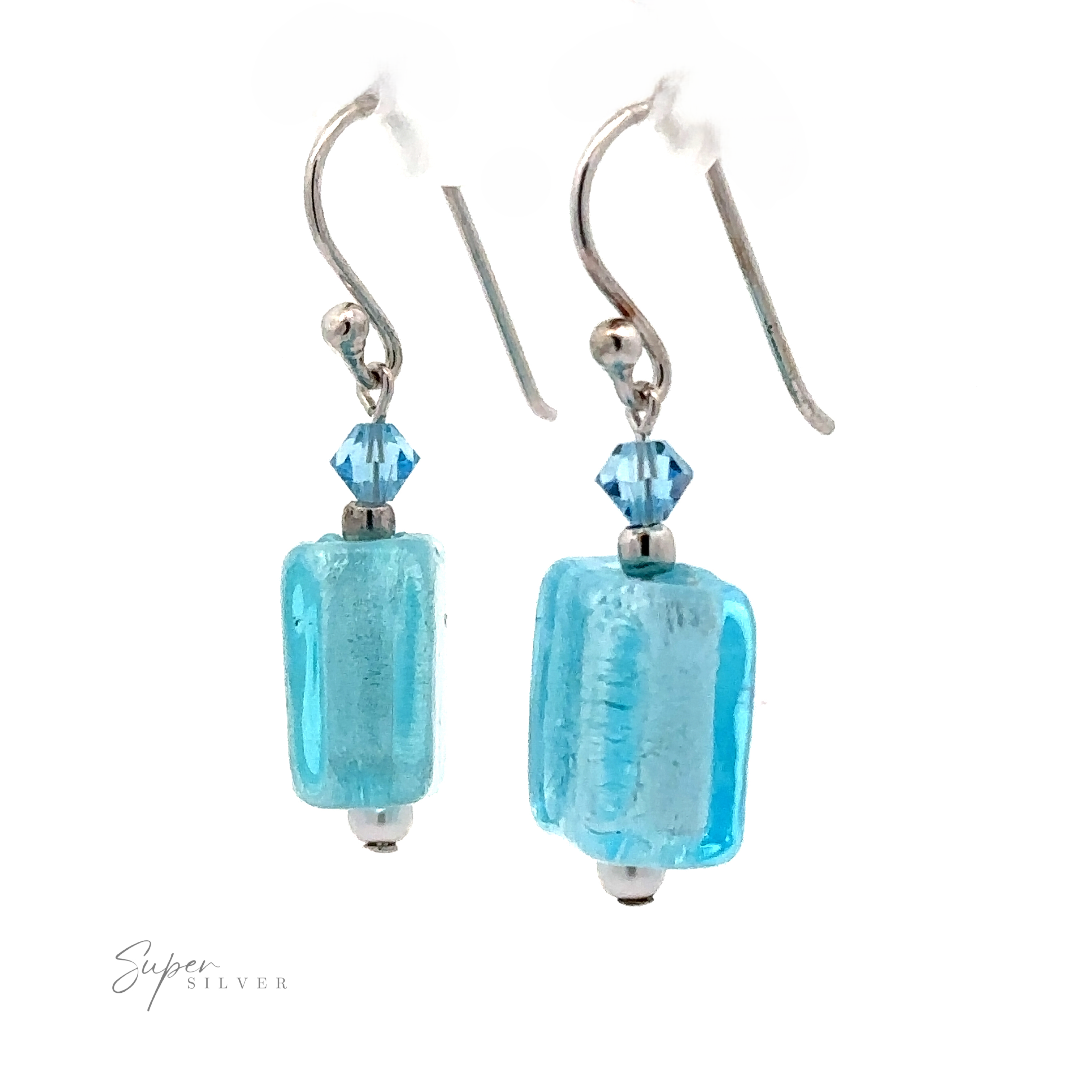 A pair of Beaded Resin Earrings with Small Pearls featuring rectangular blue glass beads, small blue crystal accents, and a classic design in sterling silver.