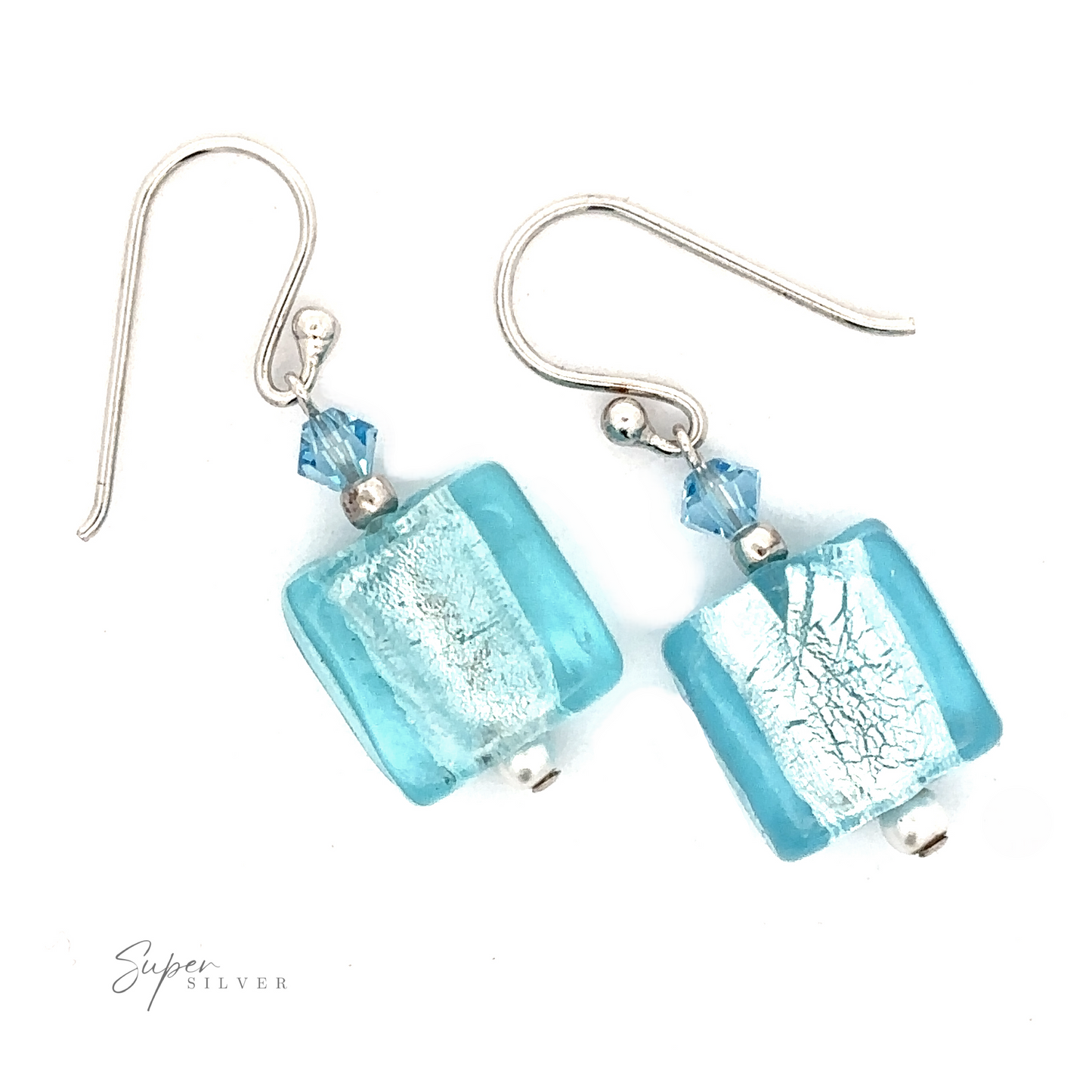 
                  
                    A pair of Beaded Resin Earrings with Small Pearls, featuring rectangular glass pieces, small blue crystals, and synthetic pearls, with hook clasps.
                  
                