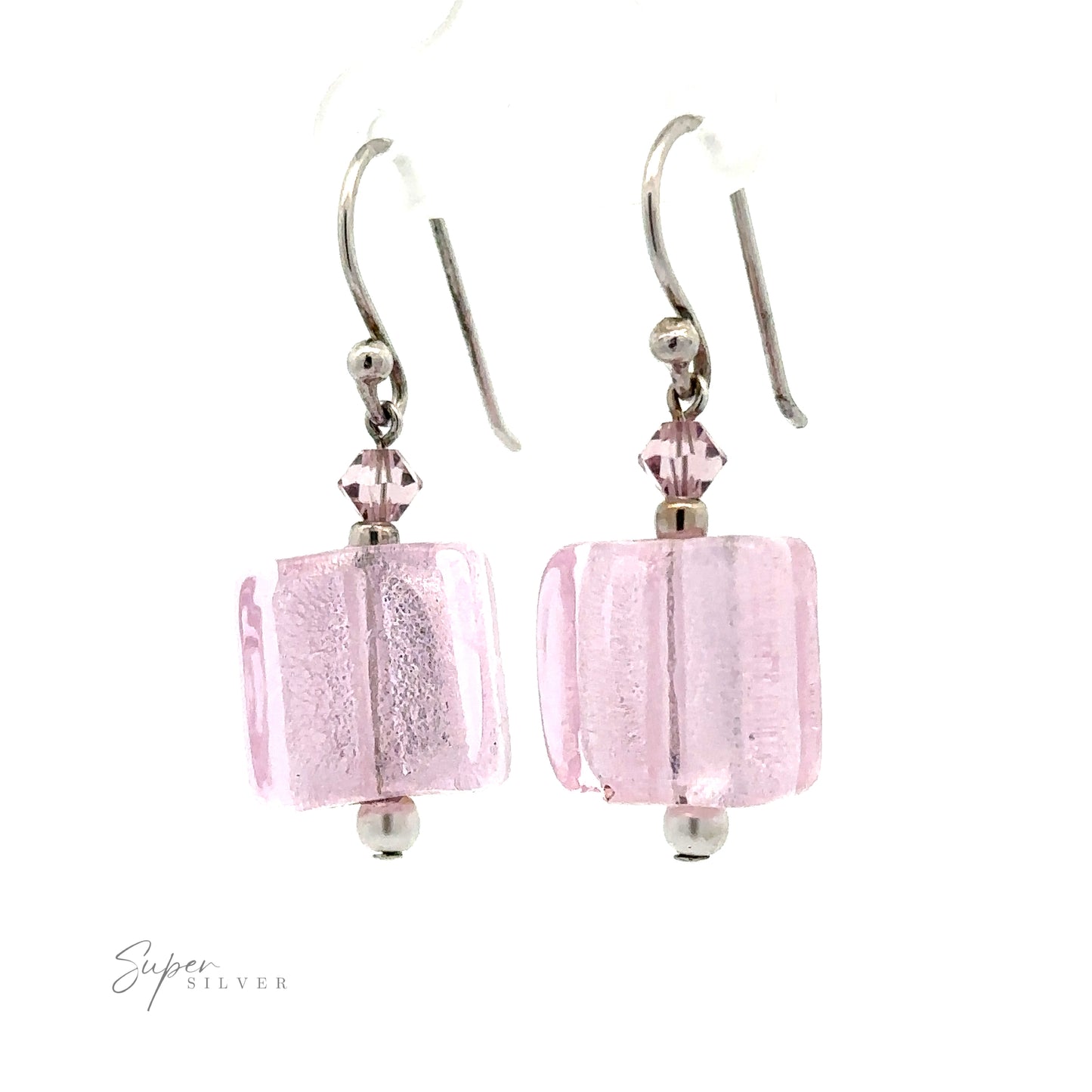 
                  
                    A pair of Beaded Resin Earrings with Small Pearls with pink, translucent square beads and small pink crystals, showcased against a white background. Accented with synthetic pearls for a touch of elegance. Text "Super Silver" is visible in the bottom left corner.
                  
                