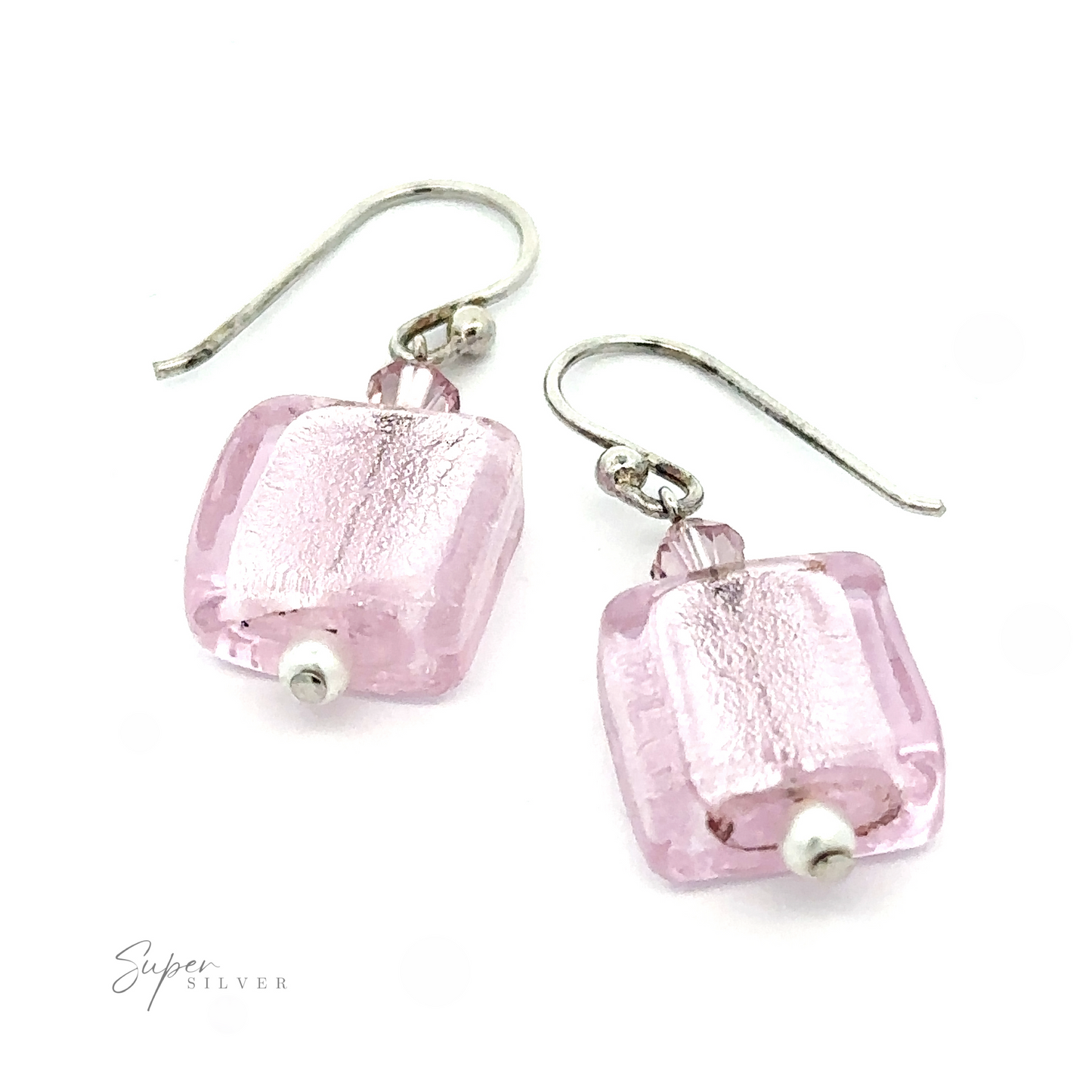 
                  
                    A pair of Beaded Resin Earrings with Small Pearls featuring translucent pink square beads with a small round silver bead at the bottom, attached to sterling silver hooks, showcasing a classic design.
                  
                