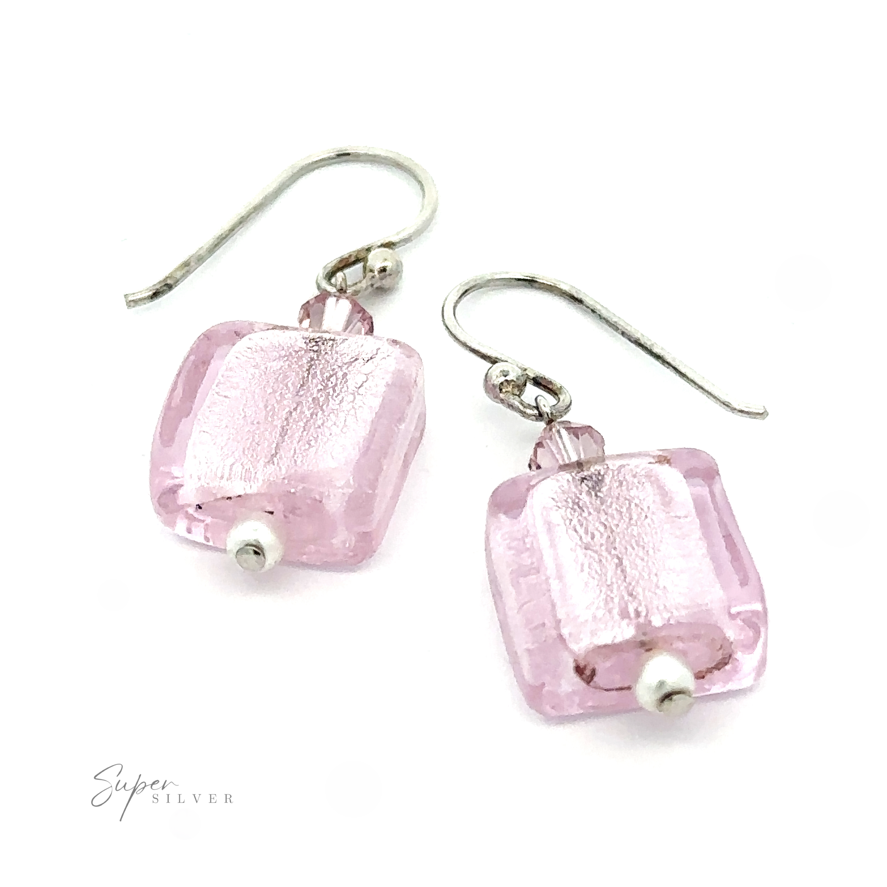 A pair of Beaded Resin Earrings with Small Pearls featuring translucent pink square beads with a small round silver bead at the bottom, attached to sterling silver hooks, showcasing a classic design.