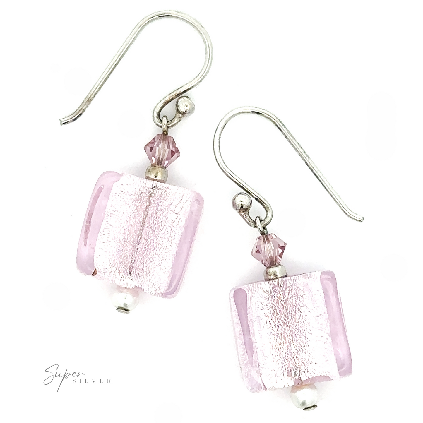 
                  
                    A pair of Beaded Resin Earrings with Small Pearls featuring square pink beads and smaller round pink beads, all crafted in .925 Sterling Silver, with a fishhook backing. The text "Super Silver" is at the bottom left.
                  
                