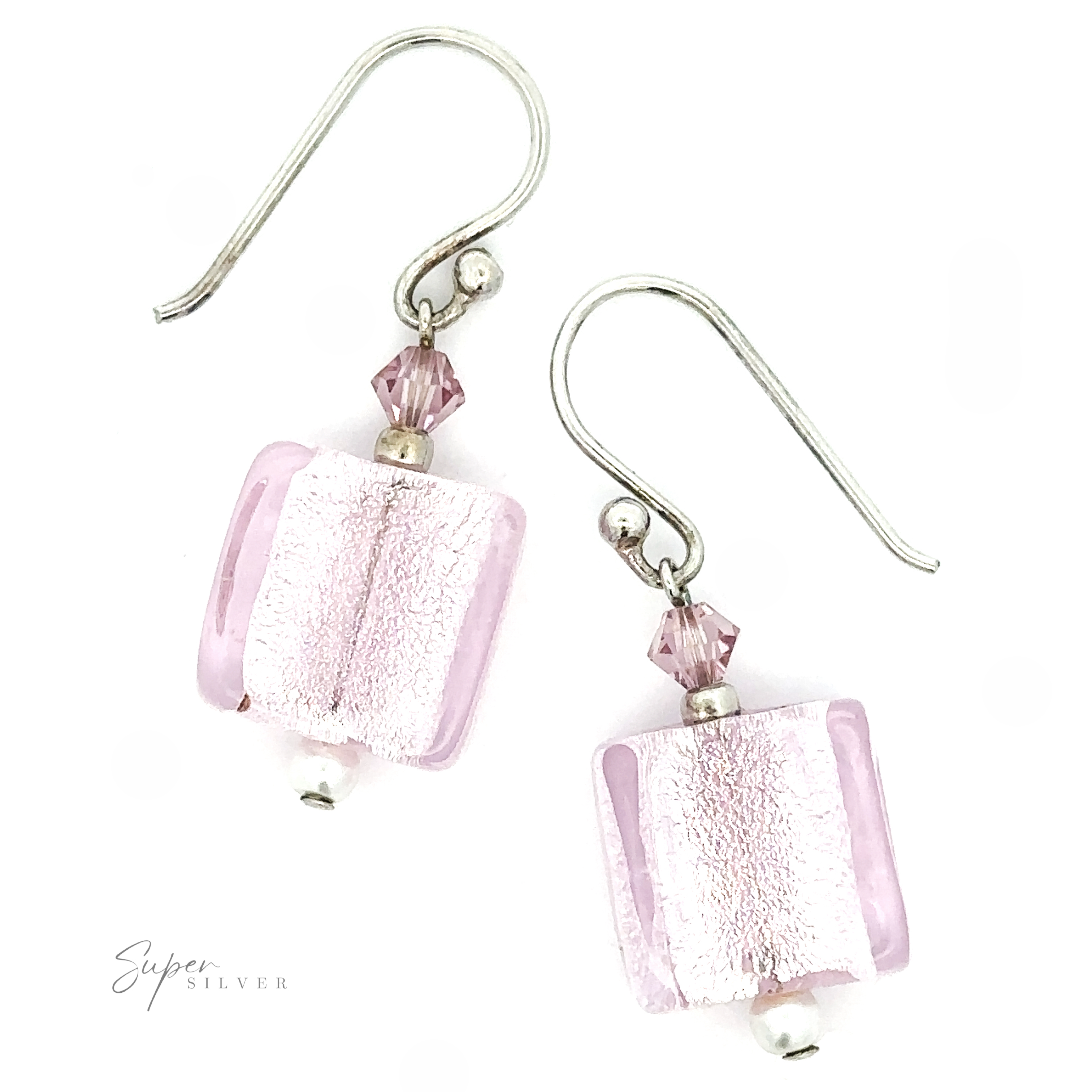 A pair of Beaded Resin Earrings with Small Pearls featuring square pink beads and smaller round pink beads, all crafted in .925 Sterling Silver, with a fishhook backing. The text "Super Silver" is at the bottom left.