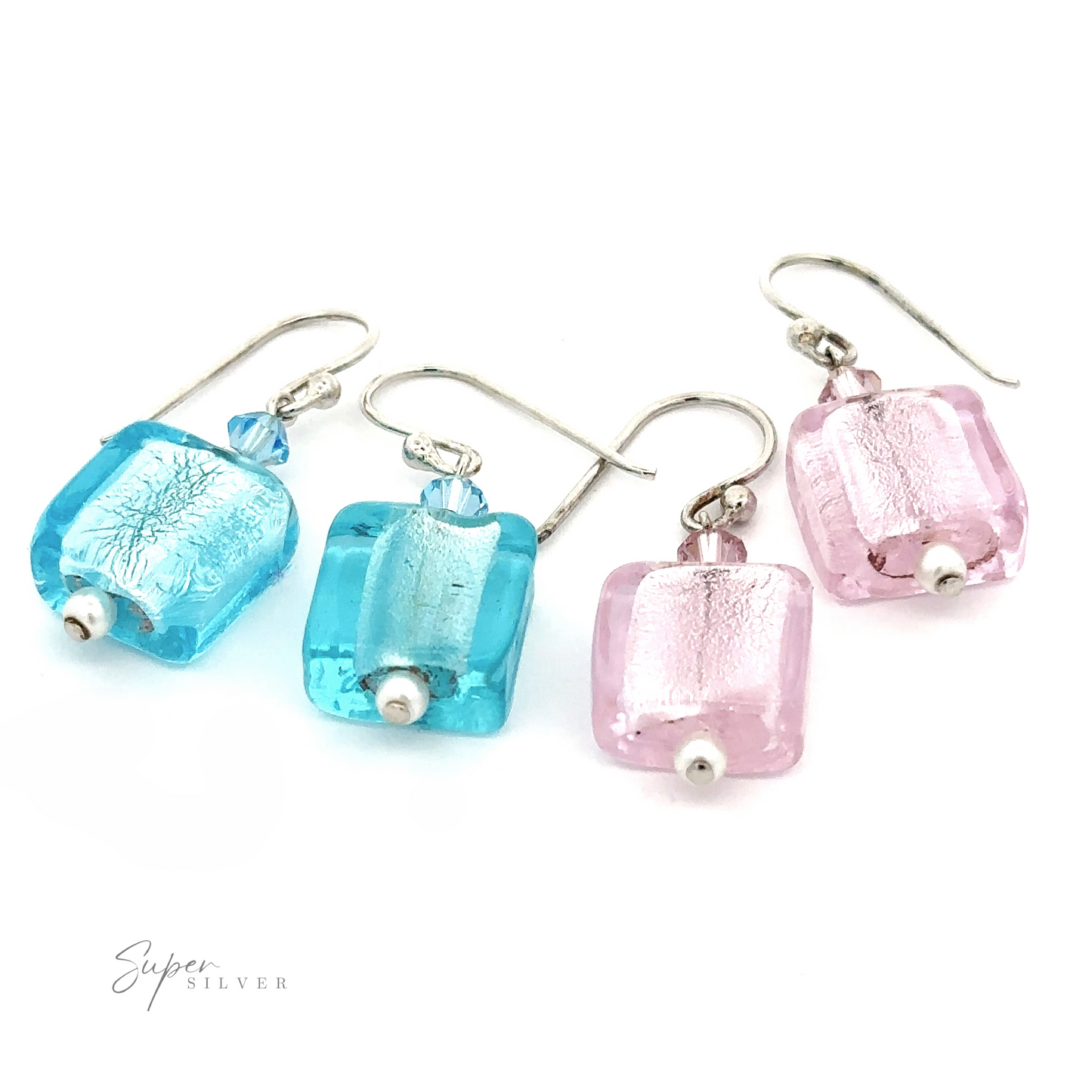 
                  
                    Two pairs of Beaded Resin Earrings with Small Pearls: one blue pair and one pink pair, each featuring sterling silver hooks and a small synthetic pearl bead at the bottom.
                  
                