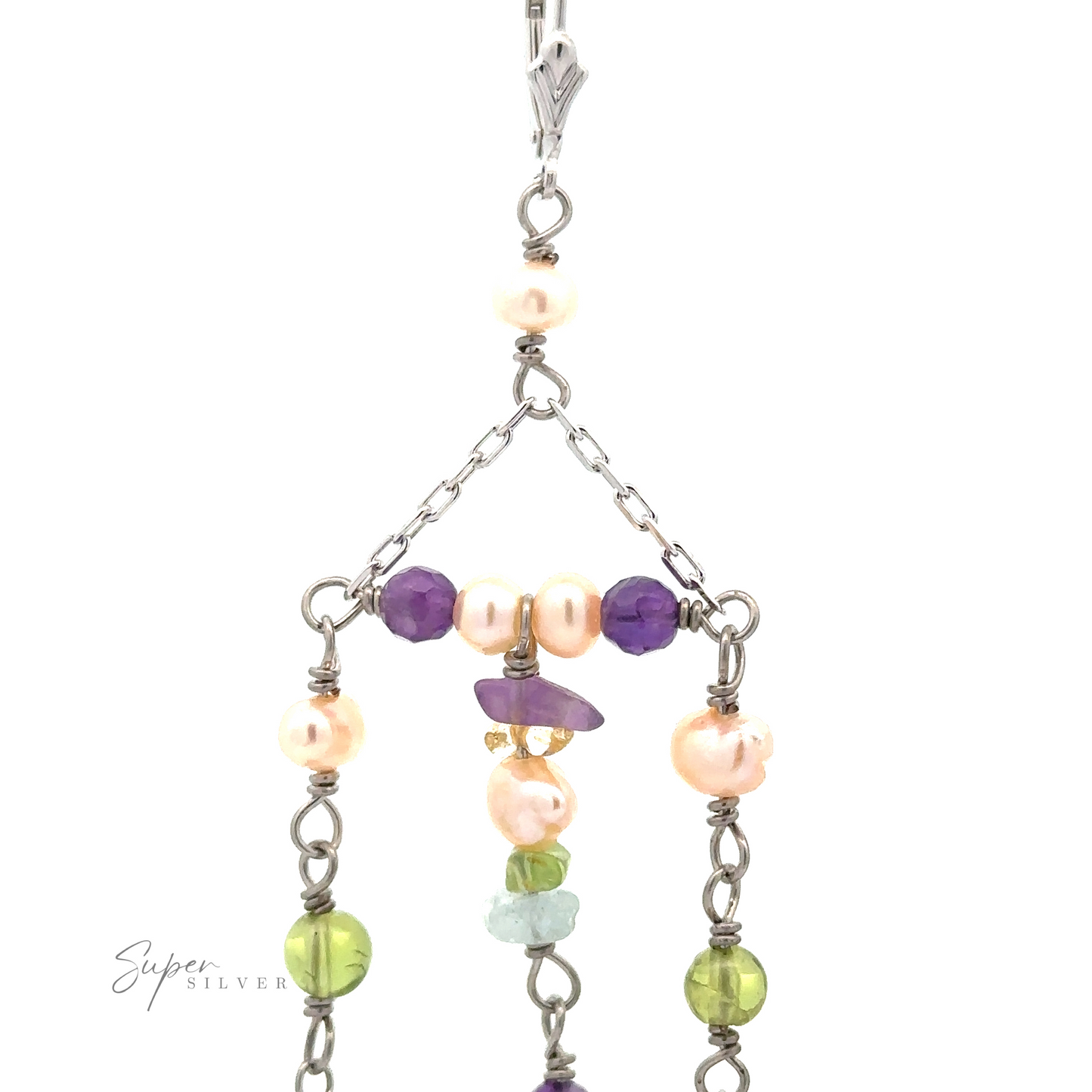 
                  
                    Dangly Multicolor Bead Earrings featuring a symmetrical design with pink pearls, multicolor beads in purple and green, and sterling silver chain links. Label "Super Silver" is visible at the bottom left.
                  
                