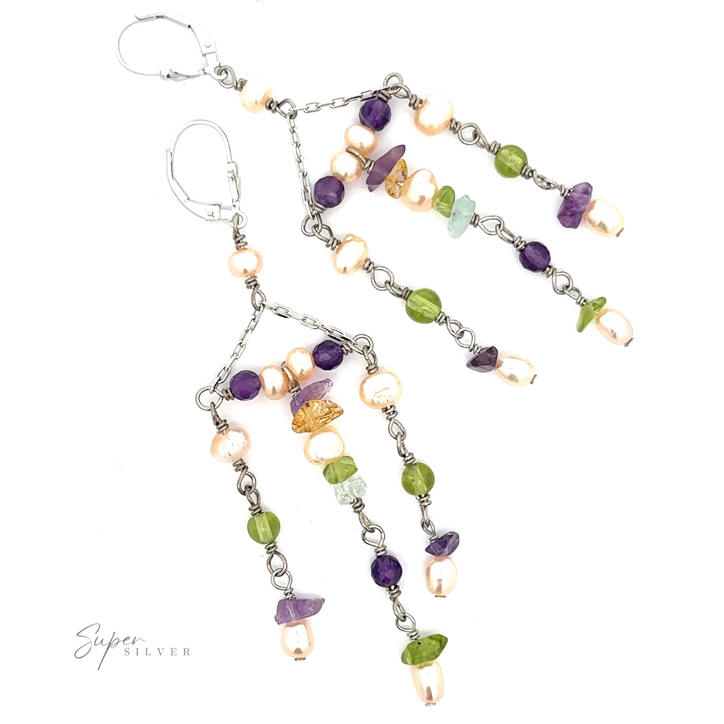 
                  
                    A pair of Dangly Multicolor Bead Earrings with sterling silver, multicolor beads in shades of purple, green, and peach, and leverback fastenings, perfect as festive earrings.
                  
                