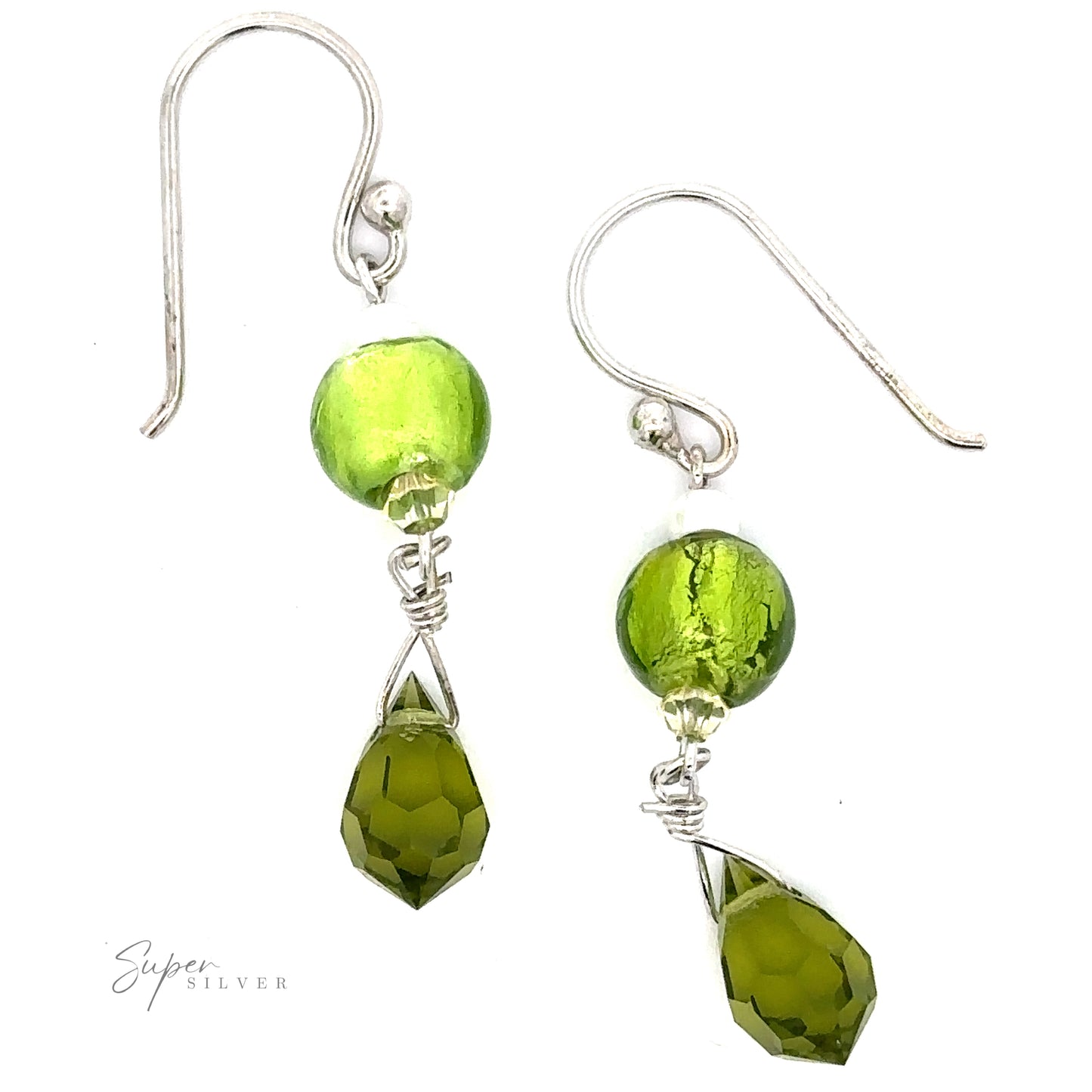 
                  
                    A pair of Dangly Green Beaded Earrings featuring sterling silver hooks with round light green beads and faceted dark green teardrop-shaped pendants.
                  
                