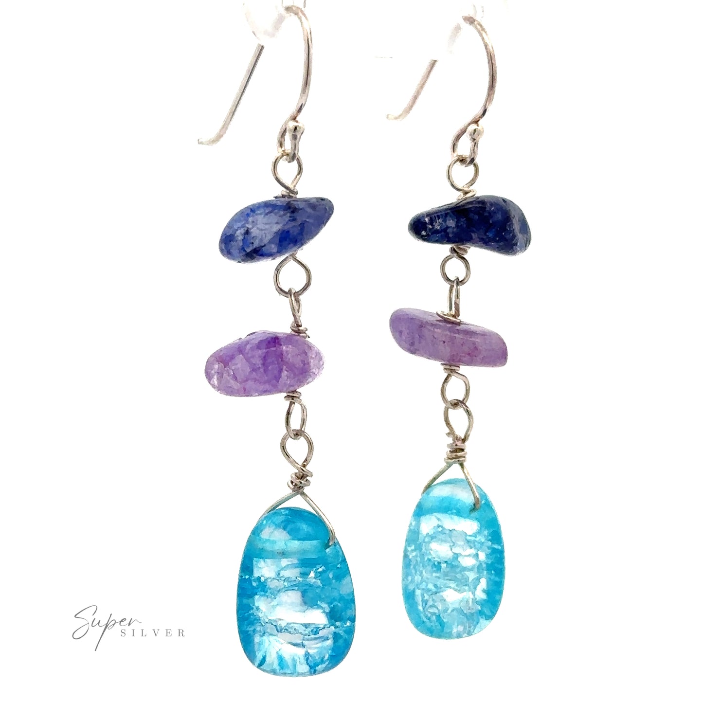 Earrings featuring three stacked stones in shades of blue and purple beads, connected by Sterling Silver wire and hooks. The print reads "Beaded Blue and Purple Earrings.