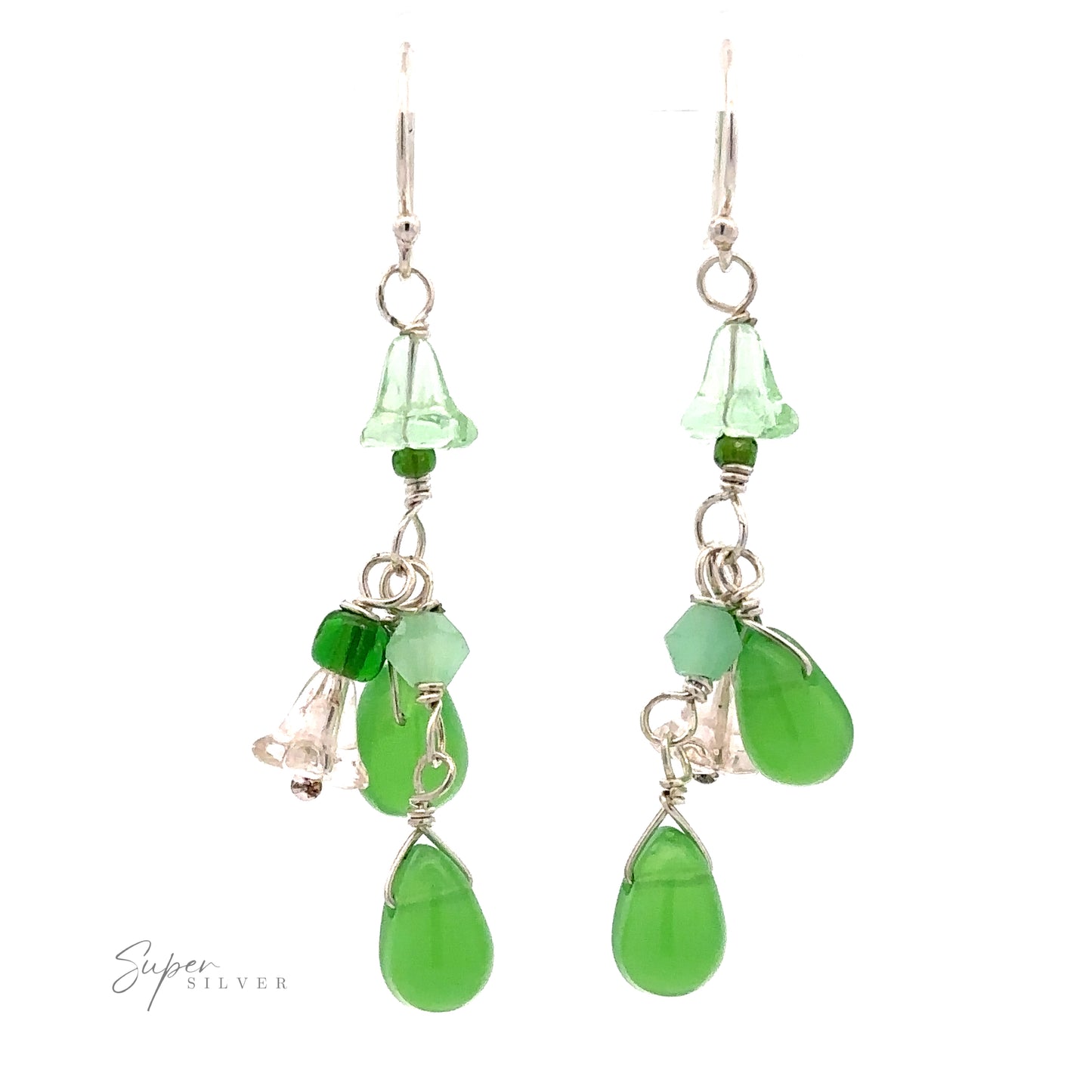 
                  
                    A pair of Playful Green Dangle Earrings crafted from .925 Sterling Silver, featuring green teardrop and flower-shaped beads, accented by smaller clear and multicolored beads.
                  
                