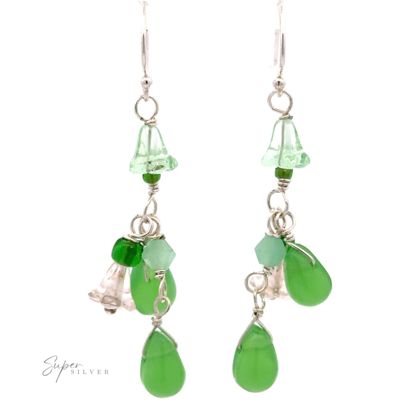 
                  
                    A pair of Playful Green Dangle Earrings with teardrop and bell-shaped elements, multicolored beads, delicate wirework, and .925 Sterling Silver accents.
                  
                