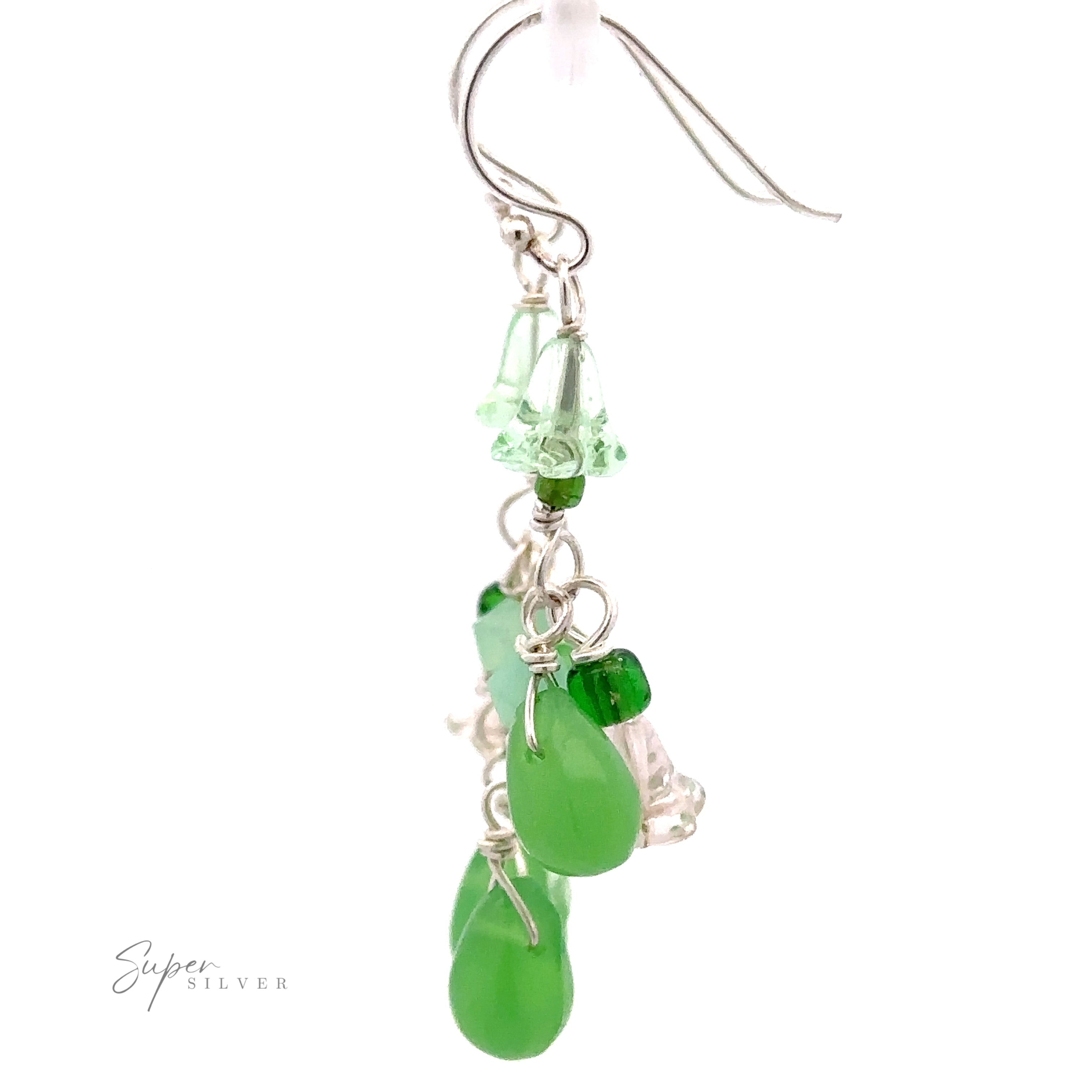 Close-up image of a silver earring adorned with multicolored beads, featuring teardrop-shaped green beads at the bottom. The *Playful Green Dangle Earrings* are marked ".925 Sterling Silver" and "Super Silver.