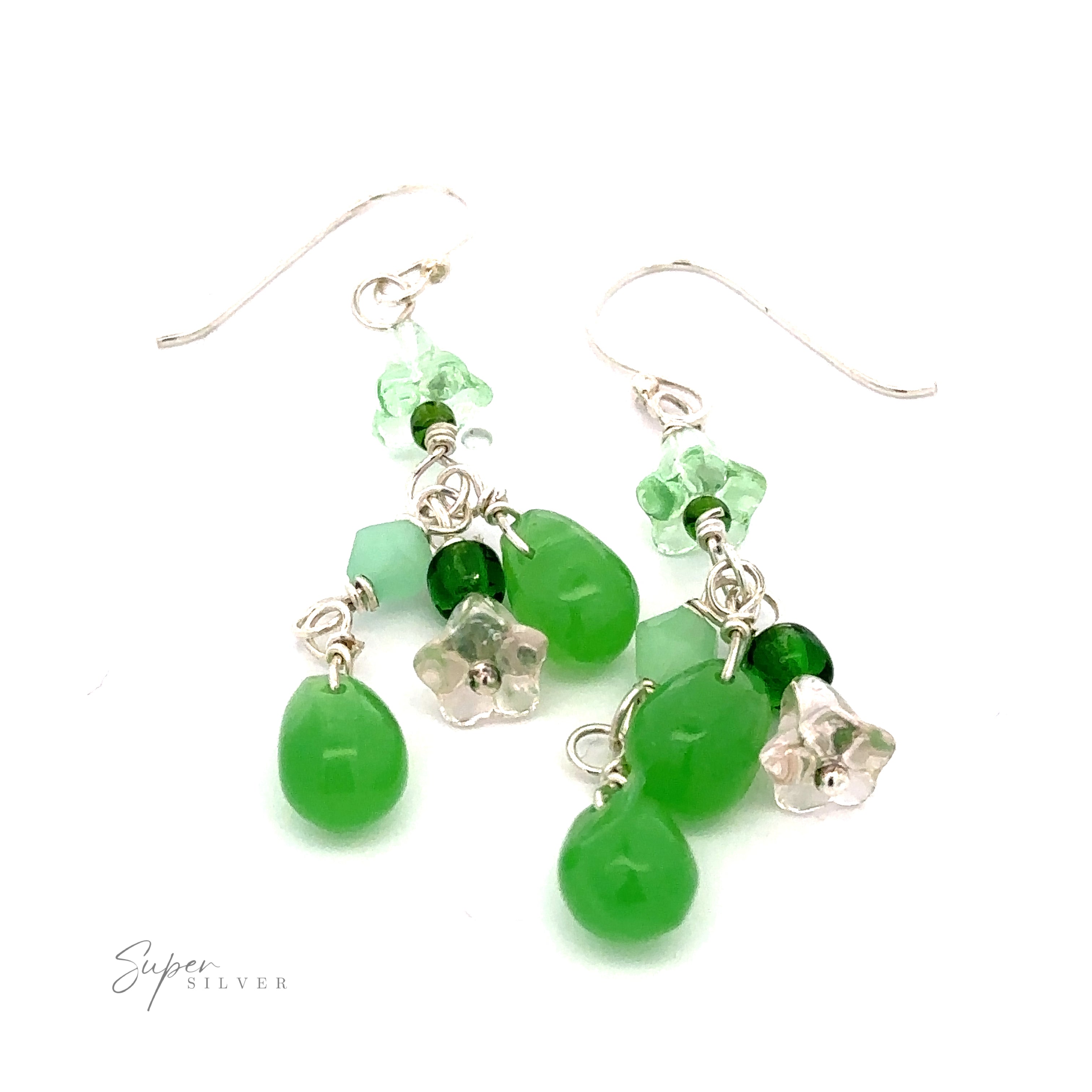 A pair of Playful Green Dangle Earrings adorned with small, multicolored beads, including teardrop and flower shapes, set in .925 Sterling Silver. Arranged on a white background with a "Super Silver" logo.