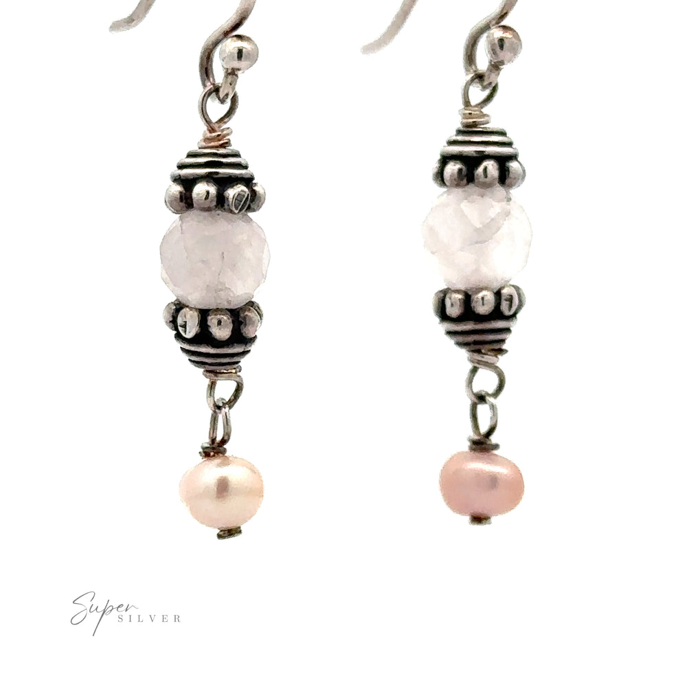 
                  
                    A pair of Beaded Pink and Pearl Earrings, featuring translucent faceted beads and small pink pearls at the bottom. The brand name "Super Silver" is visible in the lower-left corner.
                  
                