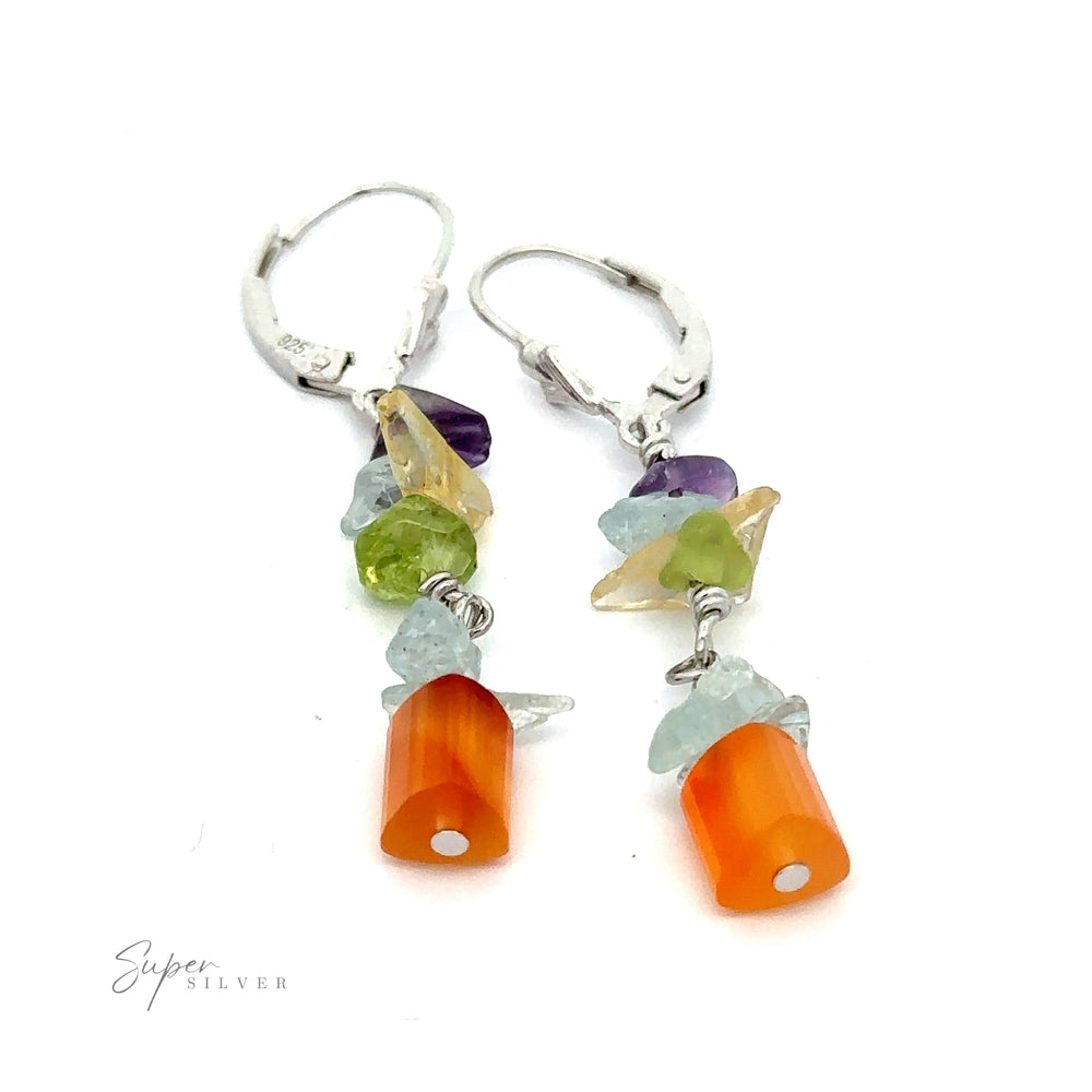 
                  
                    A pair of Beaded Multicolor Earrings featuring a mix of multicolored gemstone beads, including orange, green, and purple stones, arranged in a cute beading design that dangles elegantly.
                  
                
