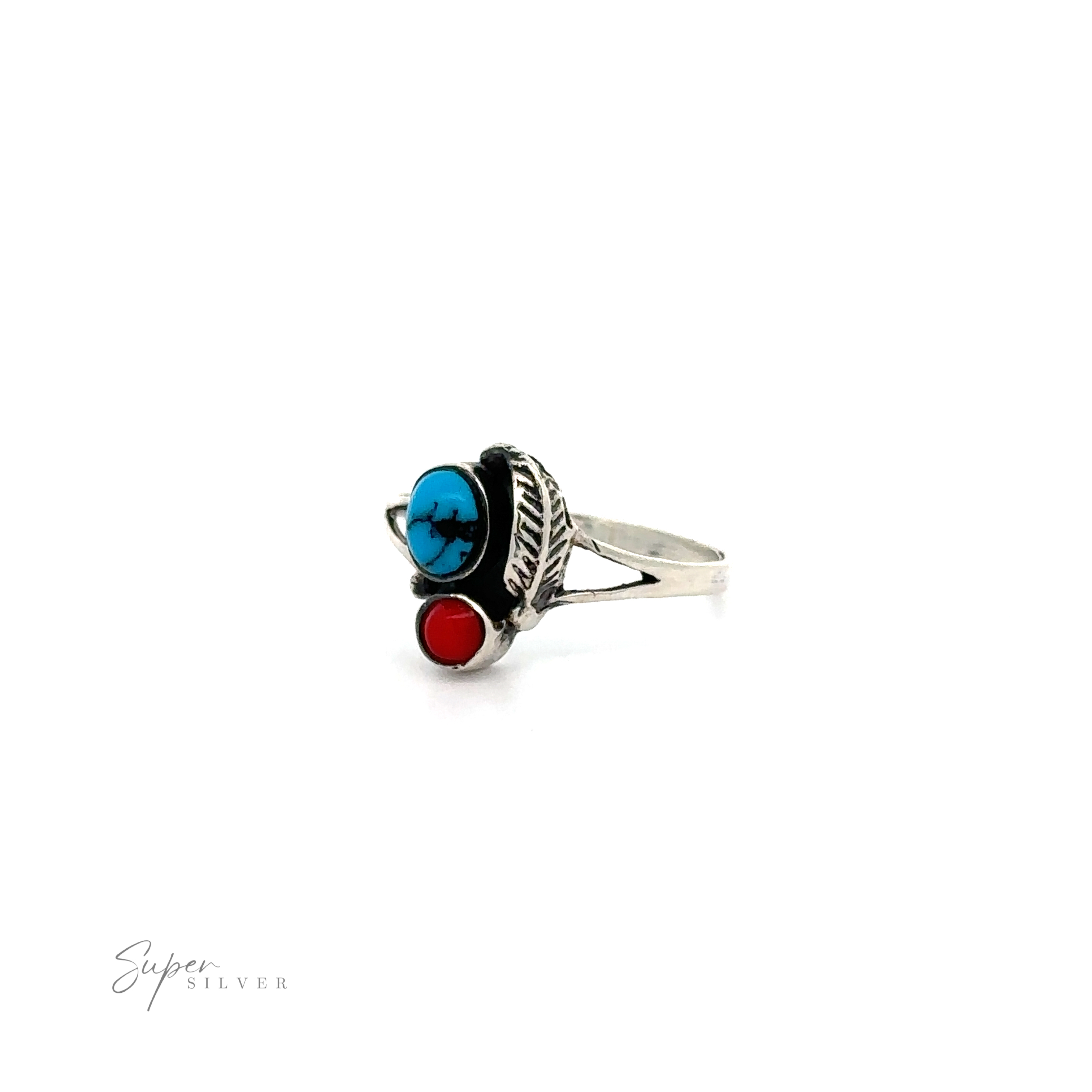 A Stone and Feather Ring with inlaid turquoise and red stones.