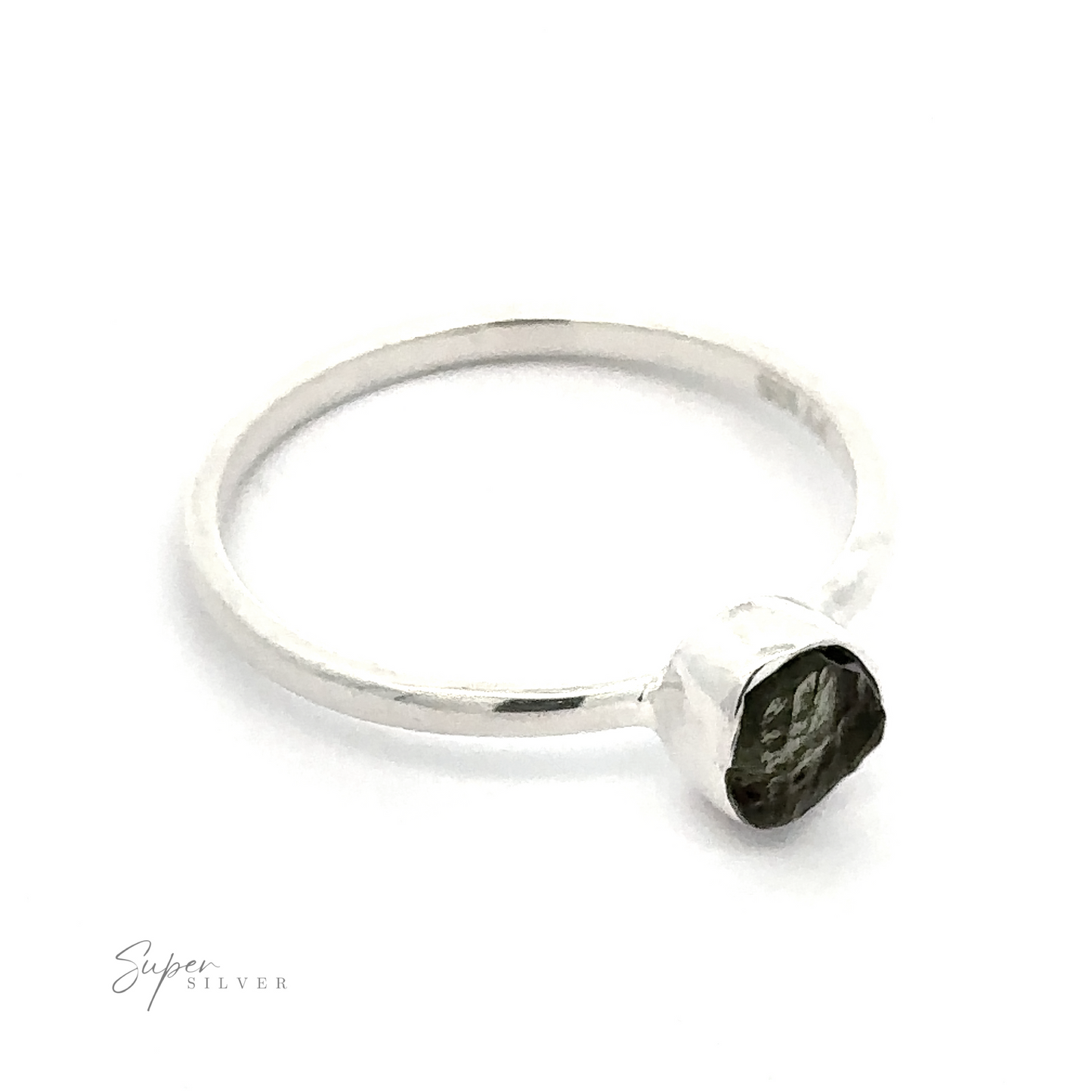 
                  
                    Raw Moldavite ring with a single hexagonal, dark gemstone on a white background.
                  
                