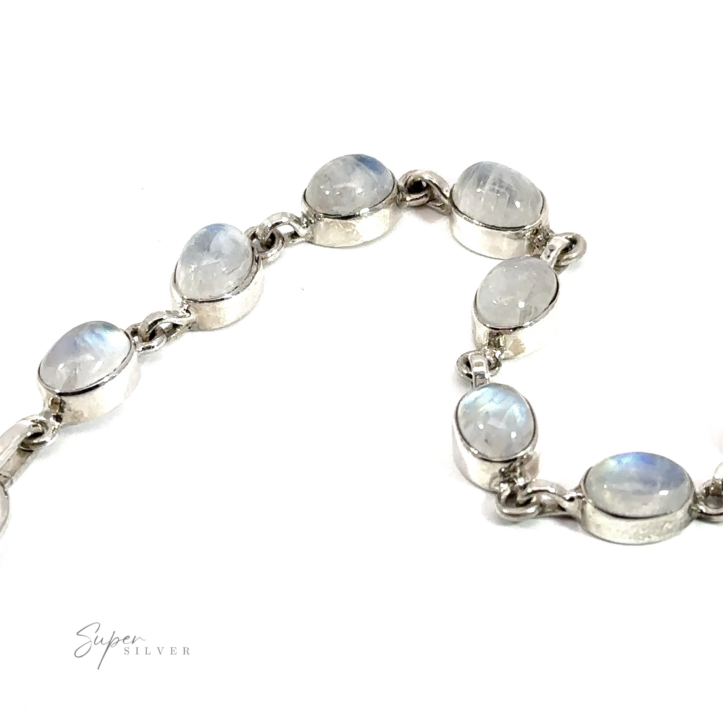 A Vibrant Oval Moonstone Bracelet with .925 silver beads on it.
