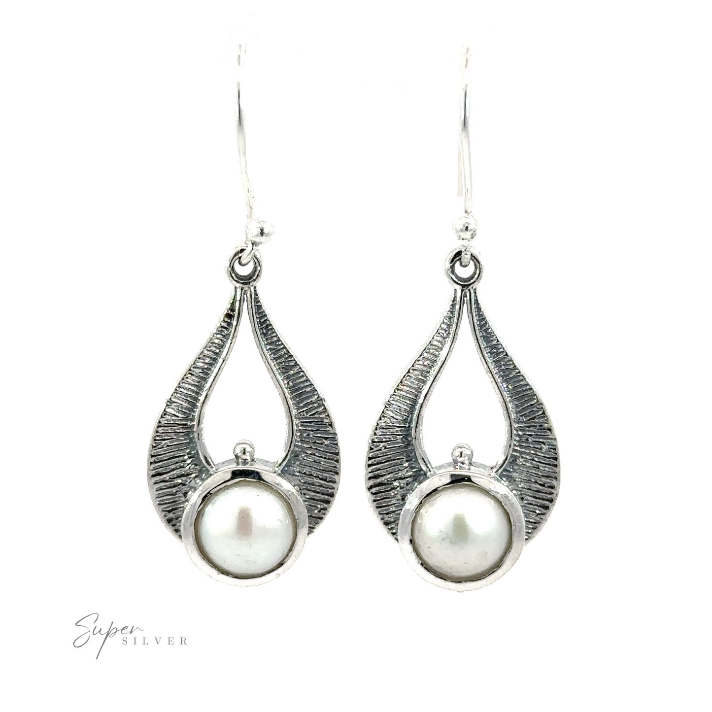 
                  
                    A pair of Winged Gemstone Earrings with a textured silver design, featuring round white pearls in the center. The brand name "Super Silver" is visible in the lower-left corner, accentuating these elegant earrings.
                  
                