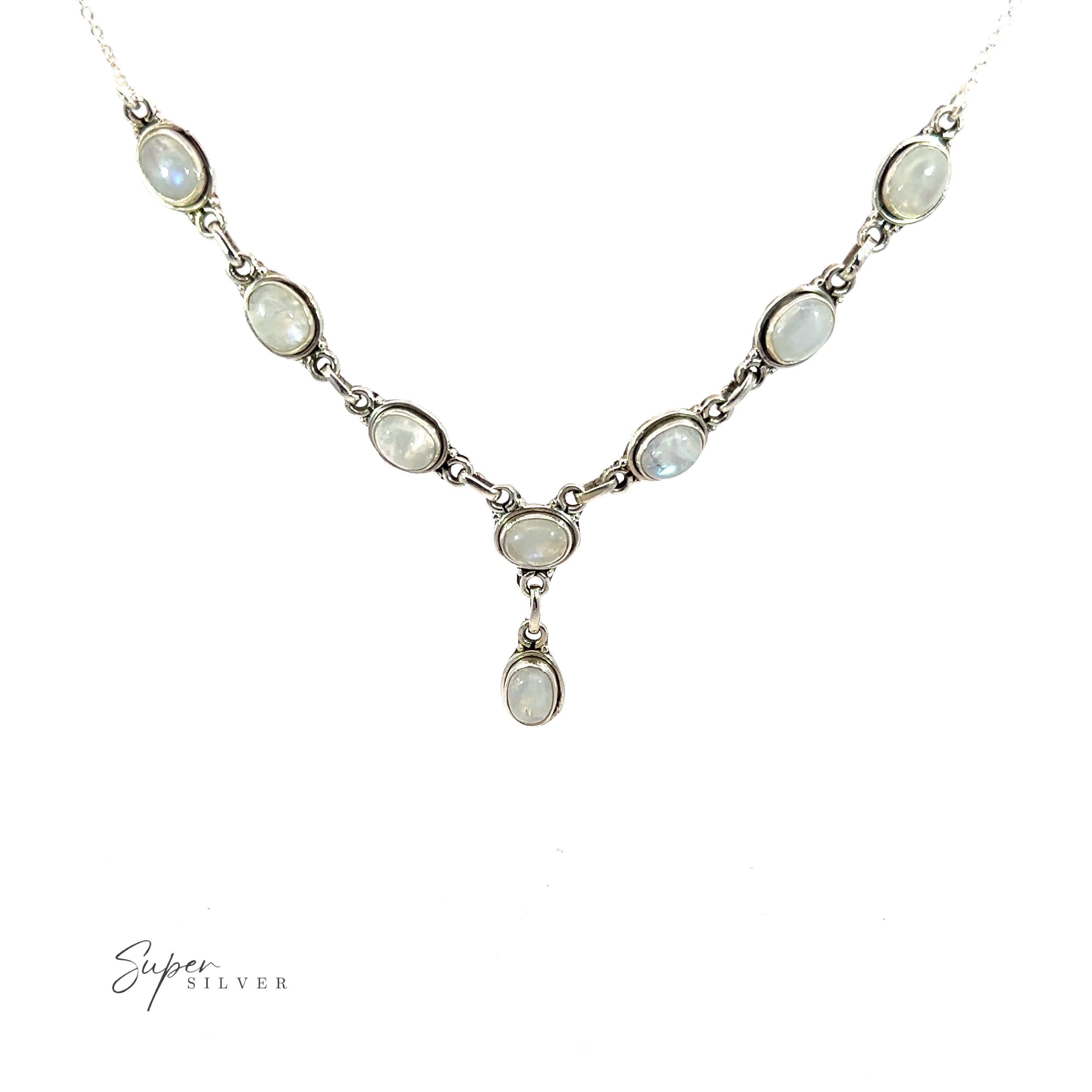 A Simple Oval Y Necklace with Gemstones featuring eight oval moonstone gems, arranged in a symmetrical pattern to exude bohemian charm, with a dangling central moonstone. The text "Super Silver" is visible at the bottom left.
