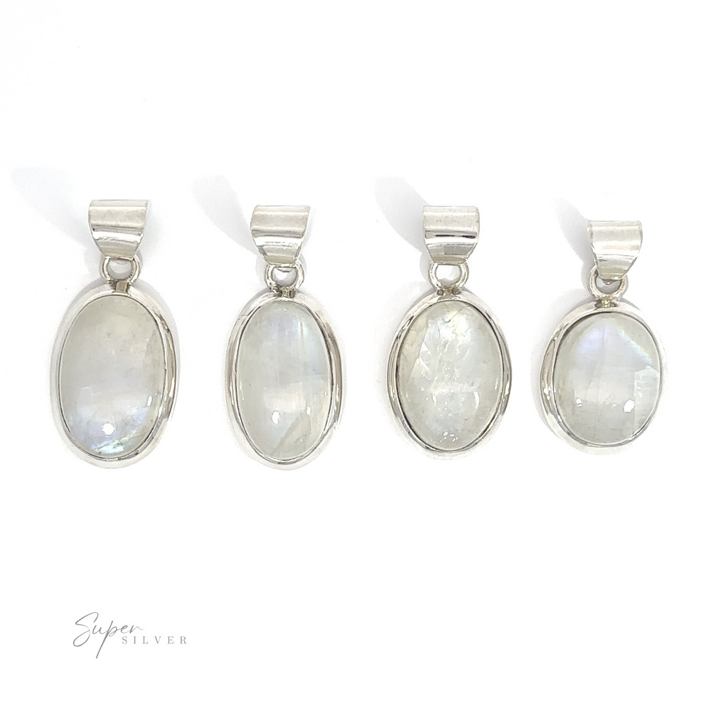 Four Simple Moonstone Oval Pendants, displayed in a row against a white background, each showing varying luminescence.