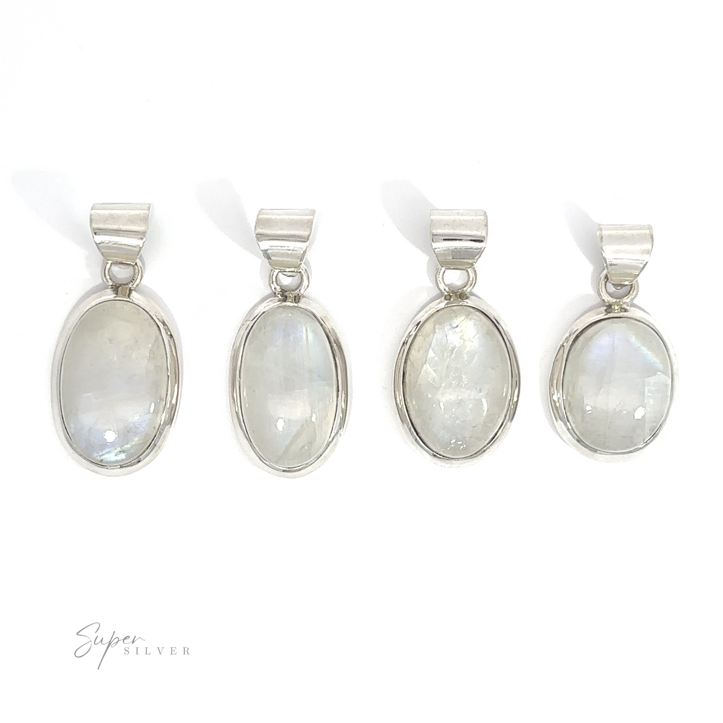 Four Simple Moonstone Oval Pendants, displayed in a row against a white background, each showing varying luminescence.