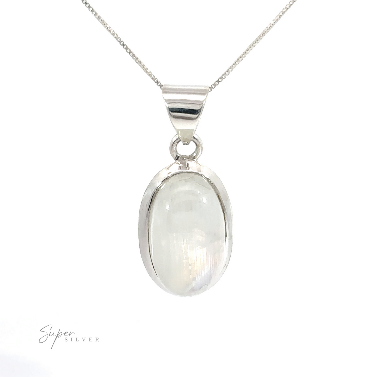 
                  
                    A silver Simple Moonstone Oval Pendant necklace displayed on a white background with the signature ".925 Sterling Silver" at the bottom.
                  
                