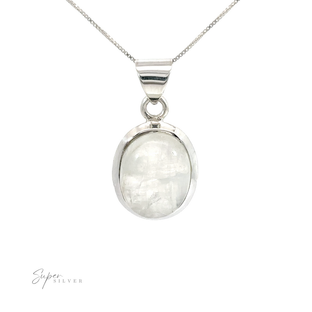
                  
                    Simple Moonstone Oval Pendant featuring a unique oval moonstone, displayed against a plain white background, signed ".925 Sterling Silver" at the bottom.
                  
                