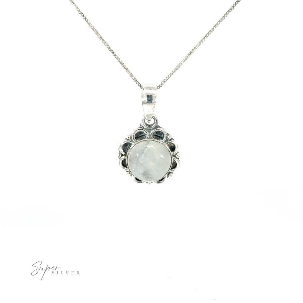 
                  
                    A Round Gemstone Pendant with Flower Border on a silver chain, perfect for everyday style.
                  
                