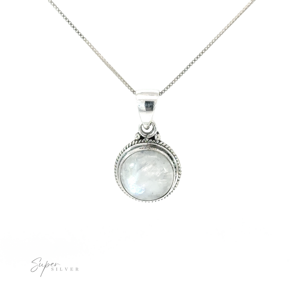 
                  
                    A Round Stone Pendant with Rope Border on a silver chain with a white moonstone.
                  
                