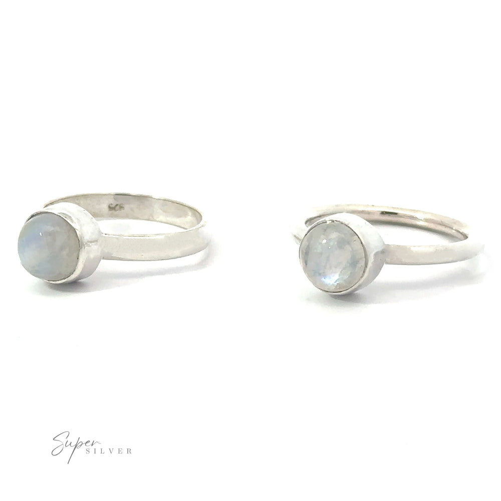 Two Round Moonstone Rings with .925 Sterling Silver displayed against a white background.
