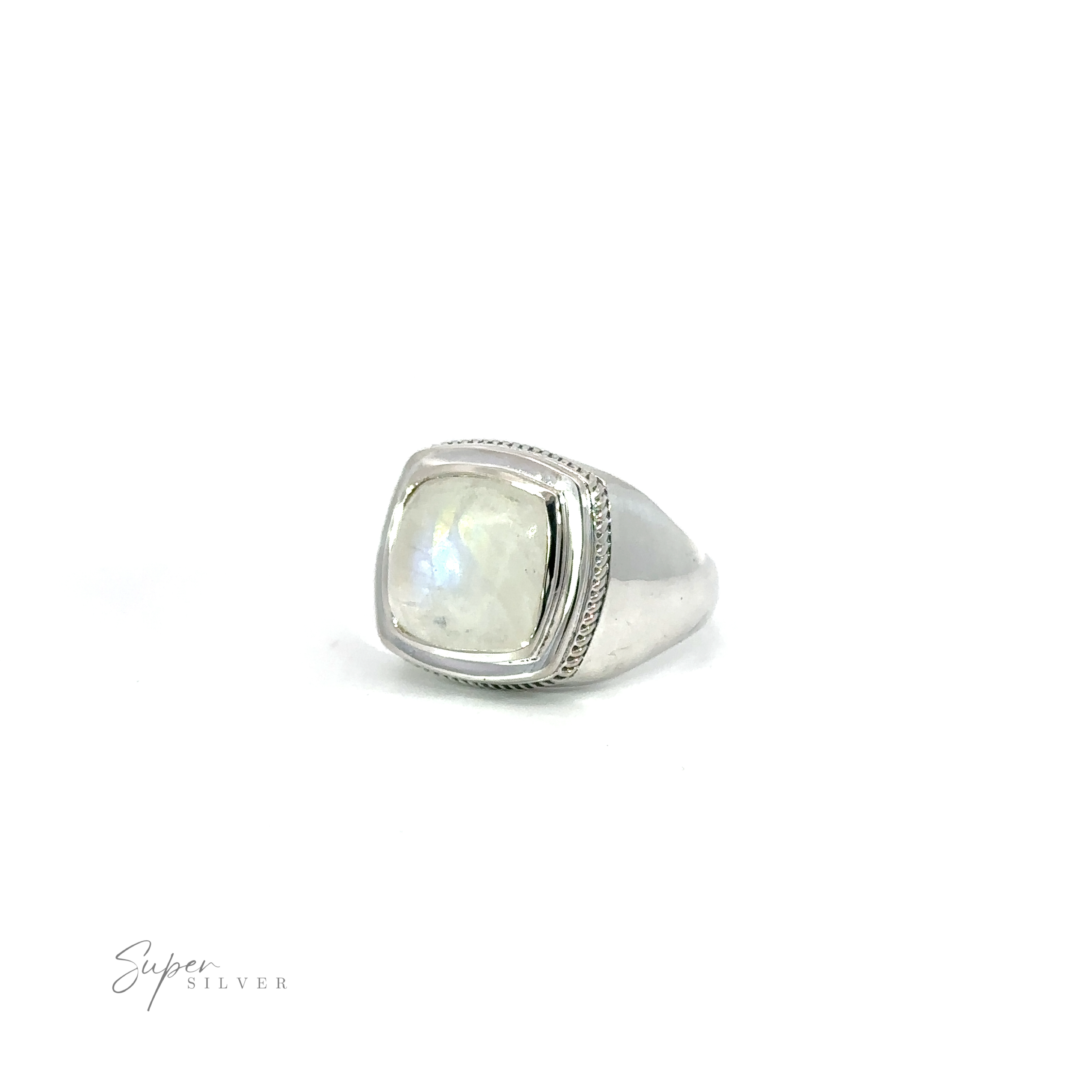 A modern Square Stone Signet Ring with a white gemstone centerpiece.