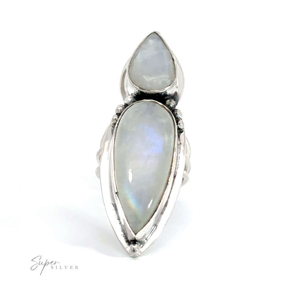 Statement Teardrop Moonstone Ring in sterling silver. This beautifully crafted ring showcases a mesmerizing moonstone in a classic sterling silver setting. The ethereal glow of the moonstone adds a touch of magic to any outfit.