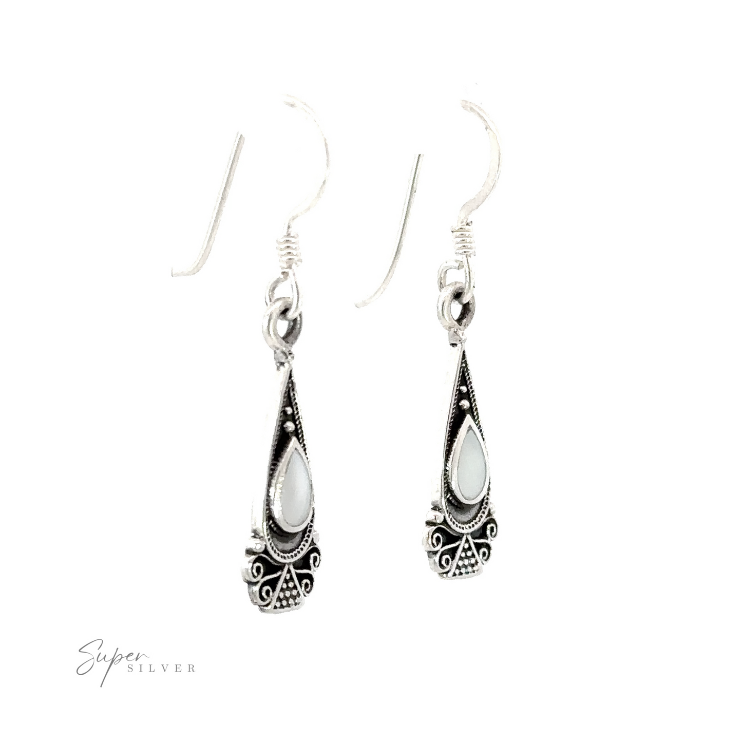 
                  
                    These Bali Inspired Teardrop Shaped Earrings with inlay stones feature white stones.
                  
                