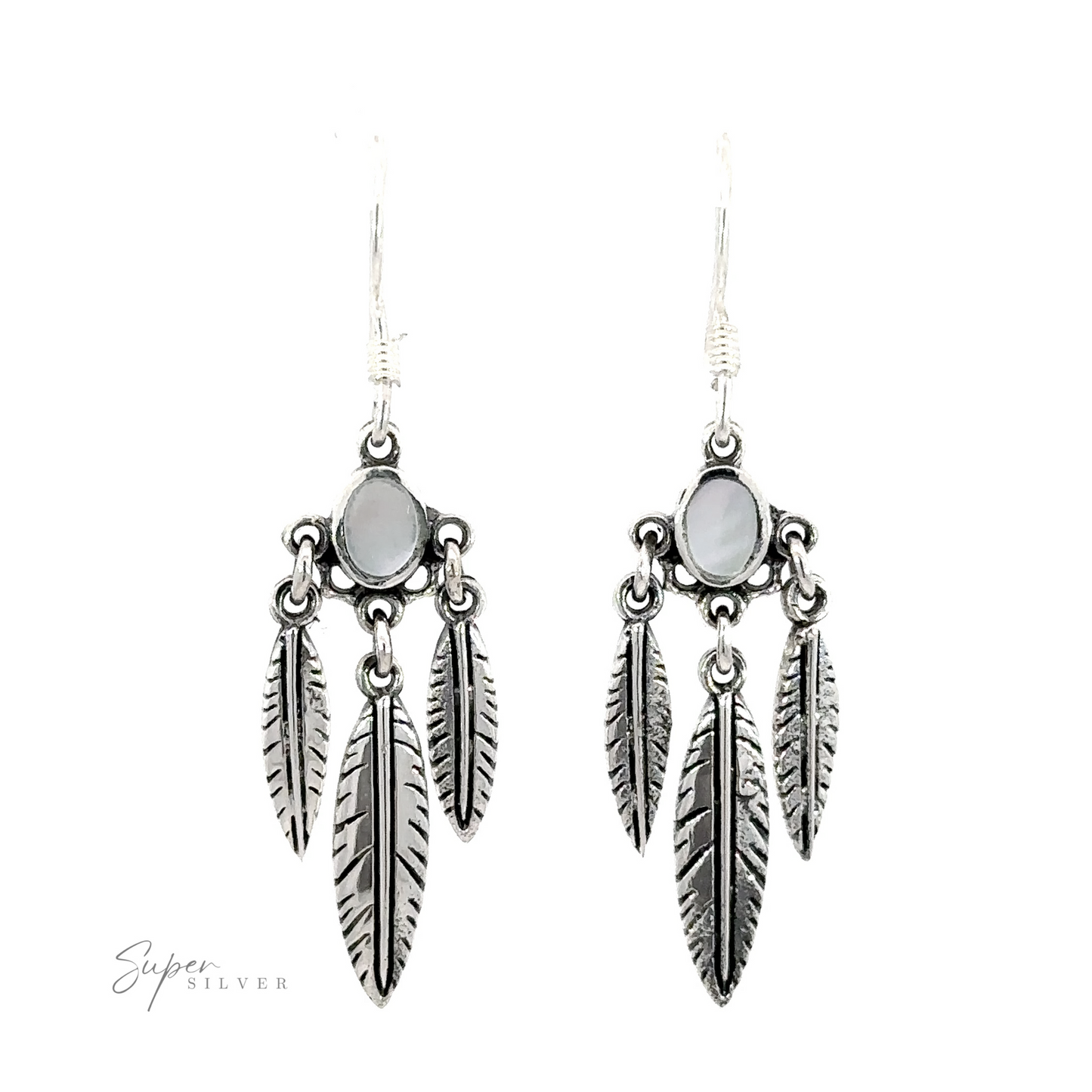 
                  
                    A pair of Western Inspired Earrings With Feather Dangles and Inlay Stones.
                  
                