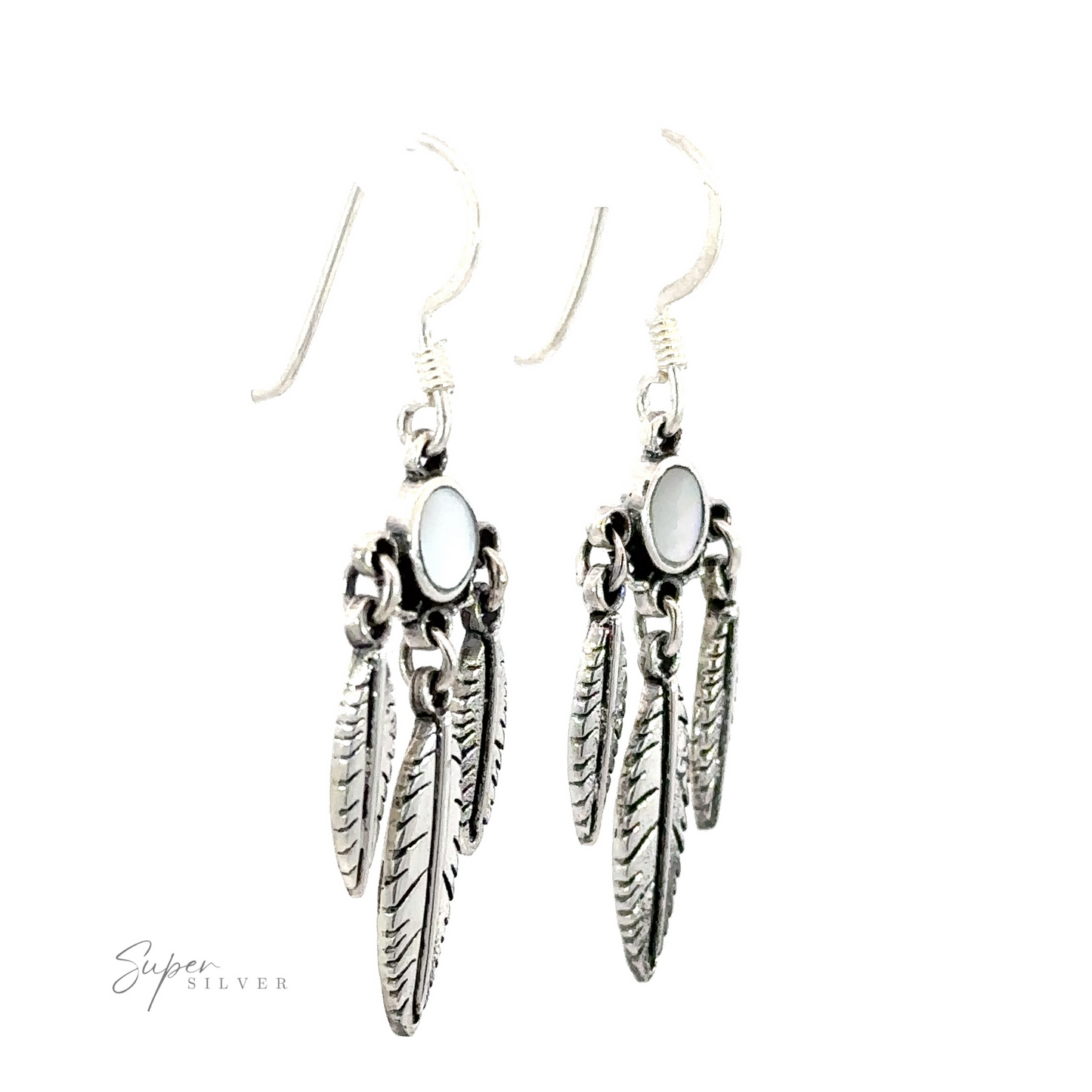 
                  
                    A pair of Western Inspired Earrings With Feather Dangles and Inlay Stones with oval, organic gemstone accents.
                  
                