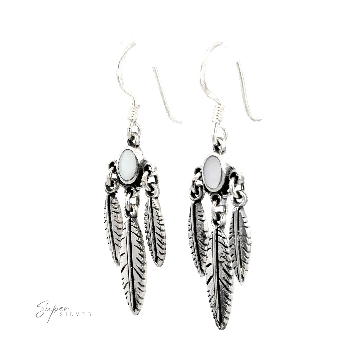 
                  
                    A pair of Western Inspired Earrings with Feather Dangles and Inlay Stones, displayed on a white background.
                  
                