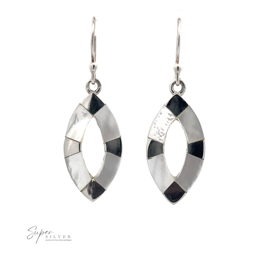 
                  
                    A pair of Inlaid Marquise Dangle Earrings with a segmented silver and black design, reminiscent of Sterling Silver Earrings, displayed on a white background. Text reading “Super Silver” appears on the lower left.
                  
                
