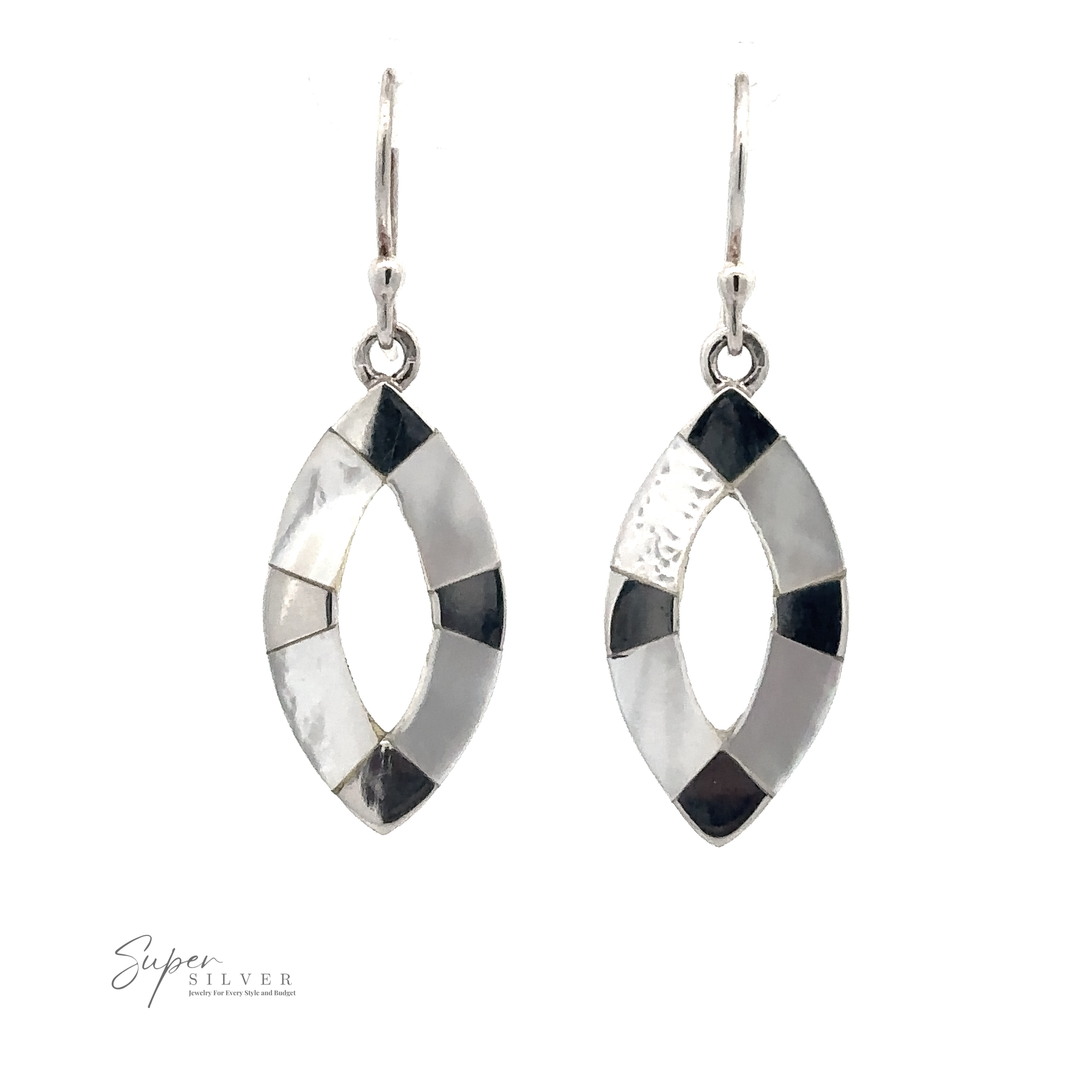 A pair of Inlaid Marquise Dangle Earrings with a segmented silver and black design, reminiscent of Sterling Silver Earrings, displayed on a white background. Text reading “Super Silver” appears on the lower left.