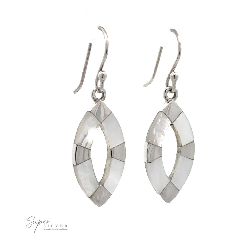 
                  
                    A pair of sterling silver marquise-shaped earrings with mother-of-pearl inlay. These elegant Inlaid Marquise Dangle Earrings feature fish hook backs, and the Super Silver logo is visible in the bottom left corner.
                  
                