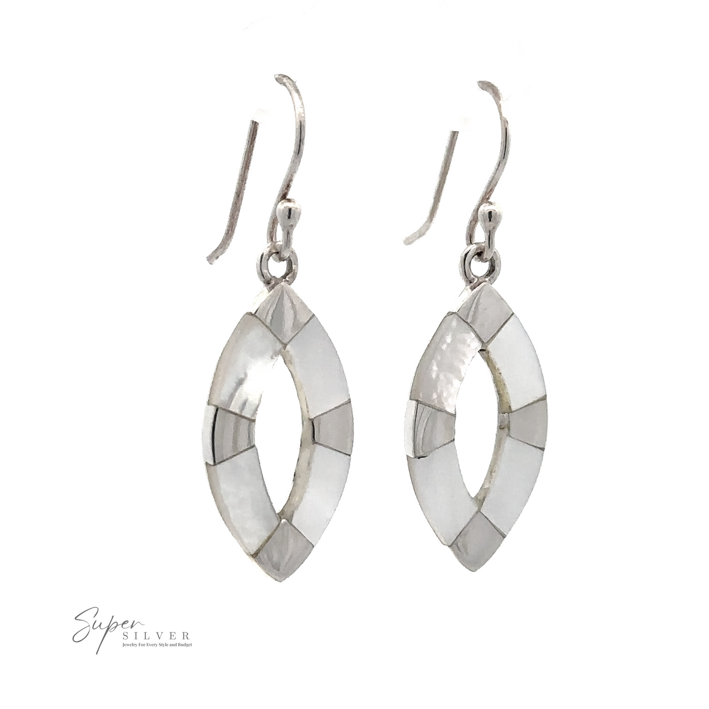 
                  
                    A pair of sterling silver marquise-shaped earrings with mother-of-pearl inlay. These elegant Inlaid Marquise Dangle Earrings feature fish hook backs, and the Super Silver logo is visible in the bottom left corner.
                  
                